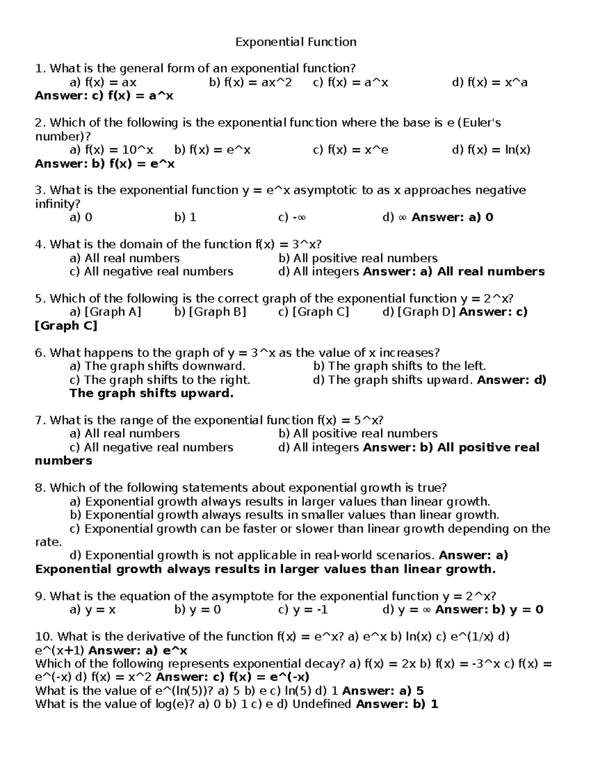 2Q Exponential Function Quiz Answers and Explanations - Studocu