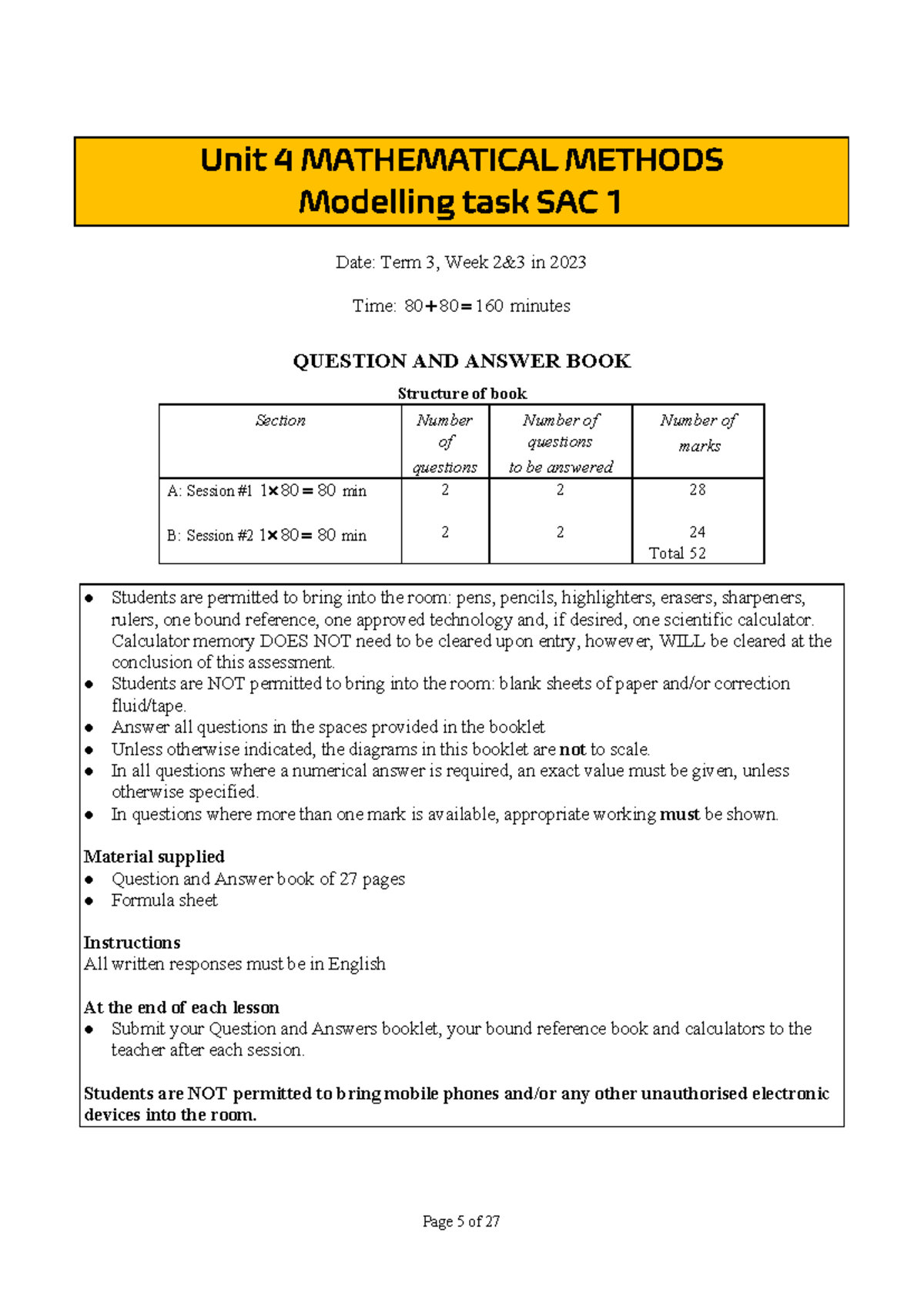 12MM Unit 4 Mathematical Methods SAC 1 Practice Assessment 2023 - Studocu
