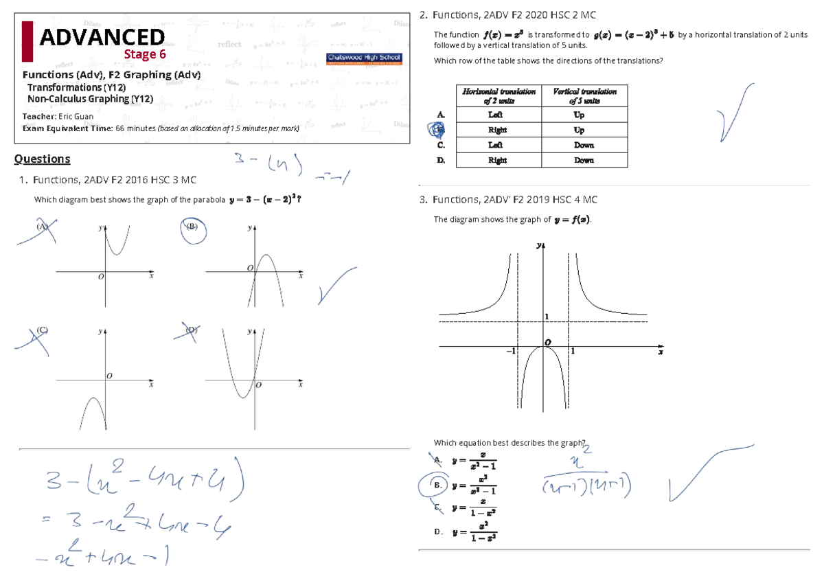 Functions 2ADV F2 Graphing Techniques for HSC Exam Preparation - Studocu