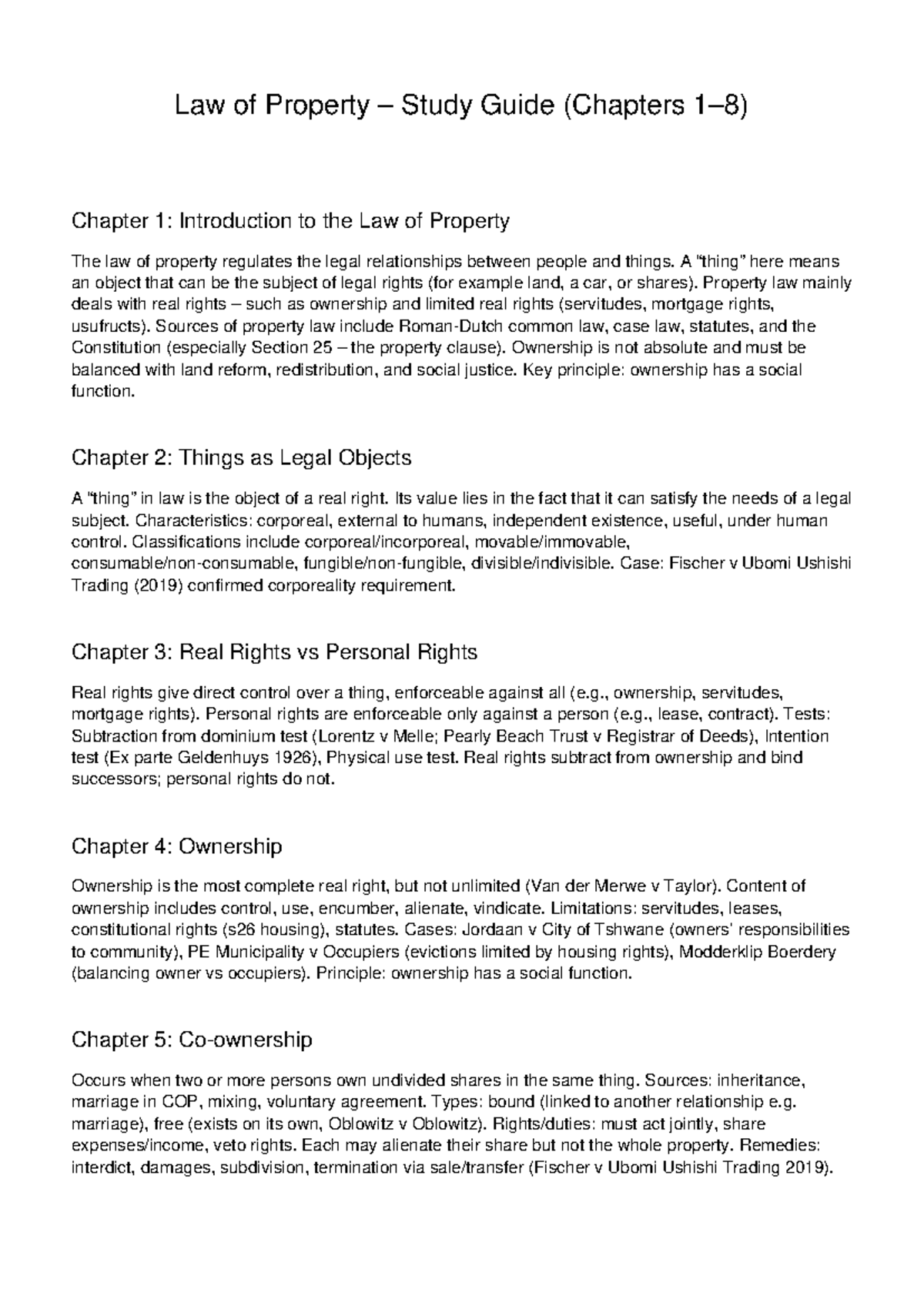 Law of Property Study Guide (Chapters 1-8) with Case References - Studocu