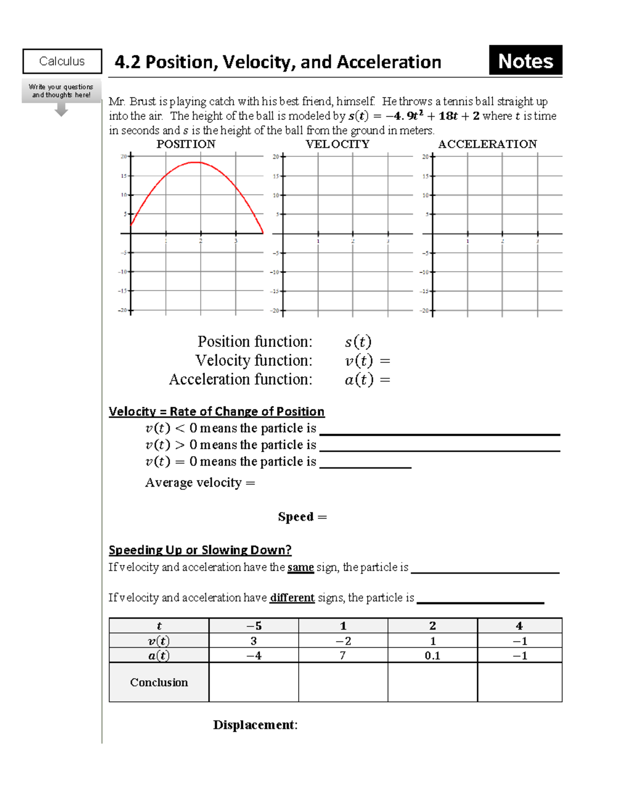 Calculus 4.2 Review Packet: Particle Motion, Position, Velocity ...