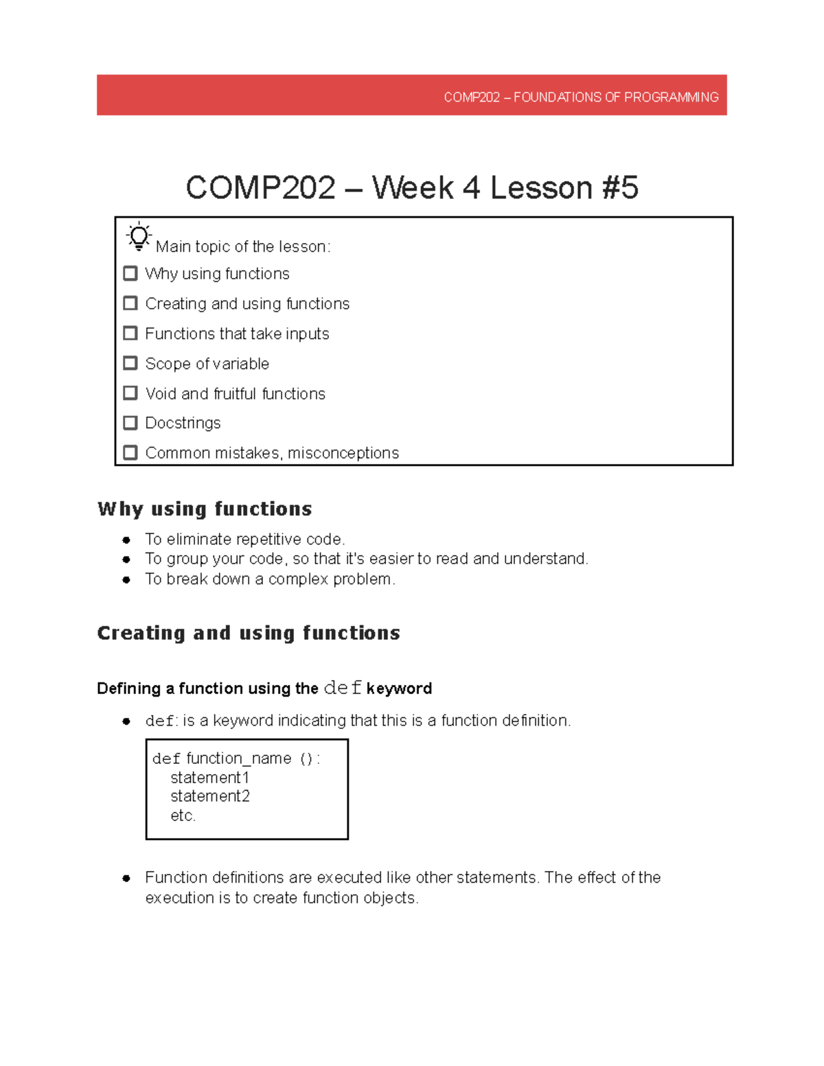 Lesson 5 Functions summary - COMP202 – FOUNDATIONS OF PROGRAMMING ...