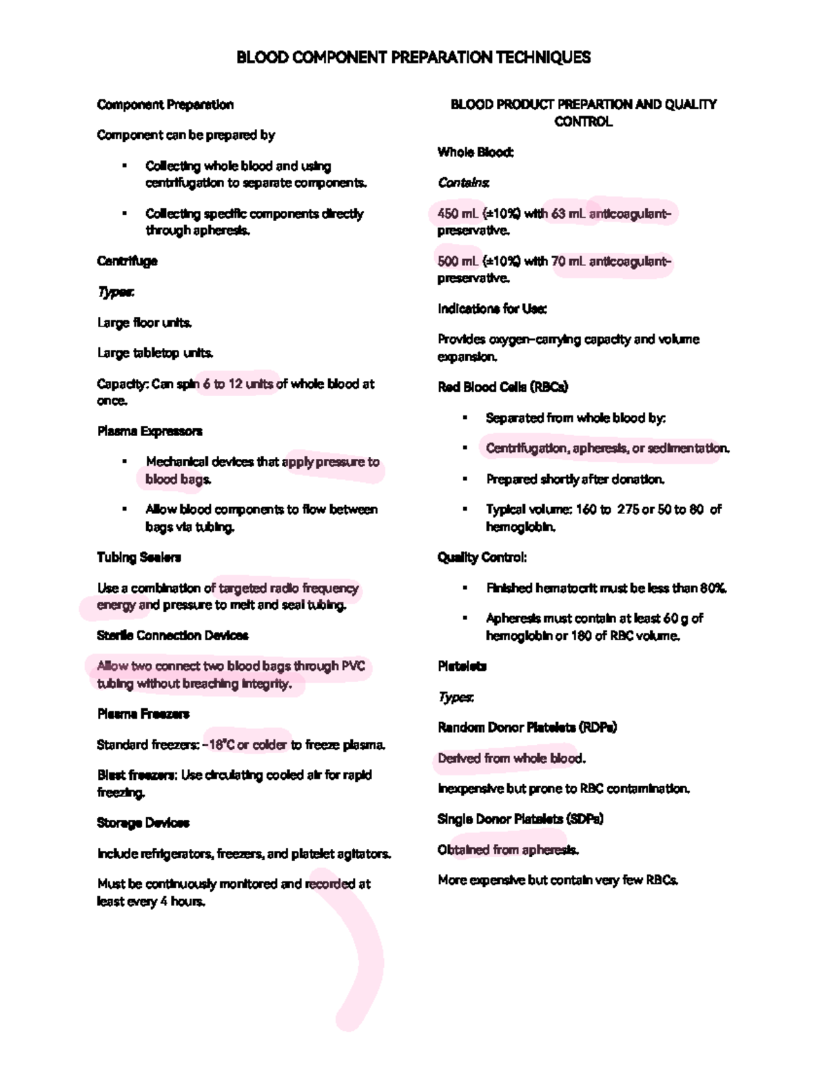 BLOOD COMPONENT PREPARATION TECHNIQUES (1741613861420) - Lecture Notes ...