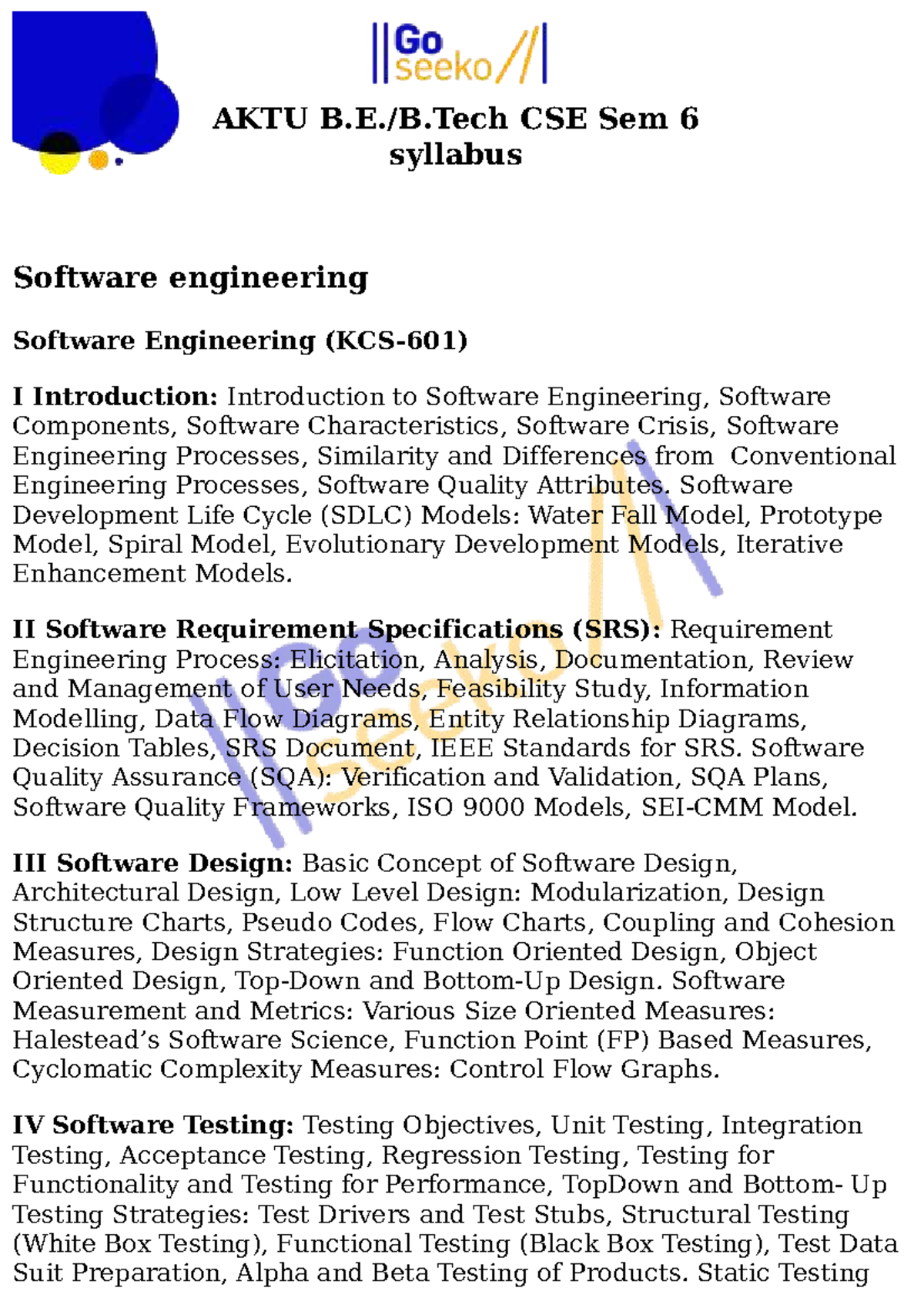 CSE Sem 6 Syllabus: Software Engineering & Computer Networks Overview ...