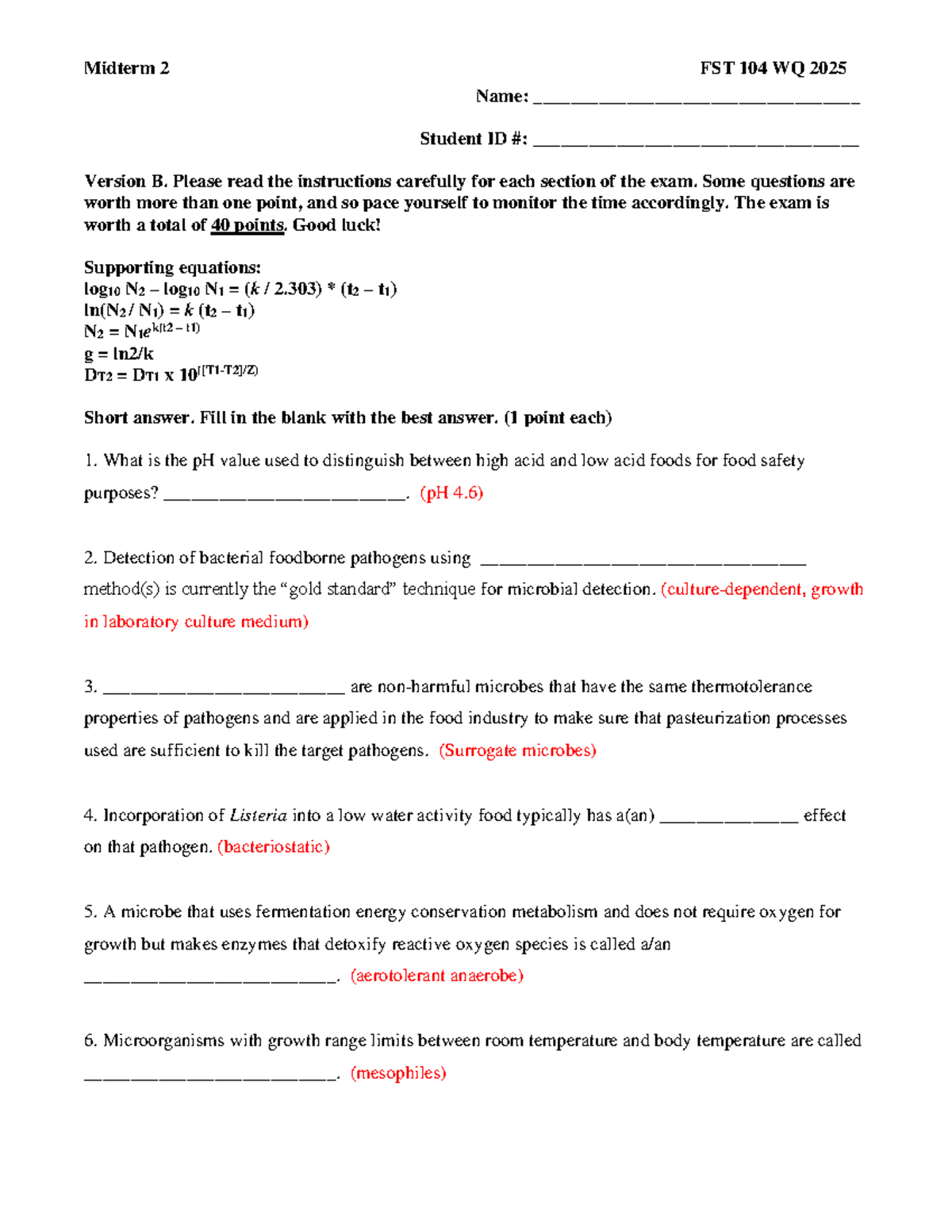 Answer KEY for FST 104 Midterm 2 Practice Exam - Studocu