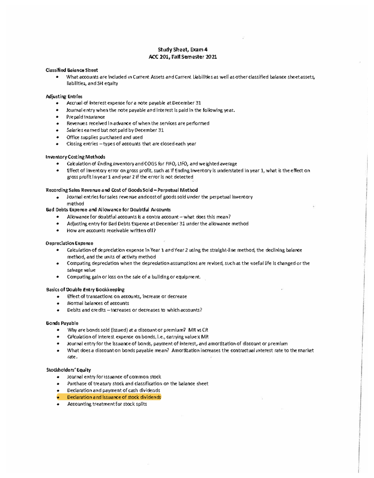 Study Sheet Exam 4 ACC 201 Fall Semester 2021 - Studocu