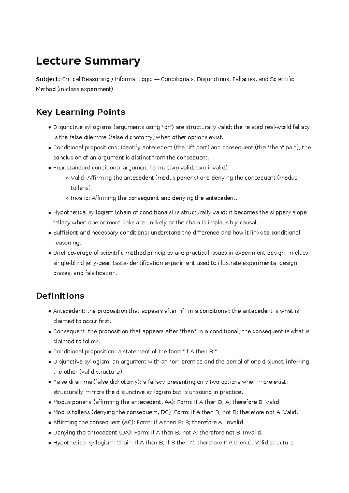Lecture Summary: Critical Reasoning and Scientific Method - Studocu