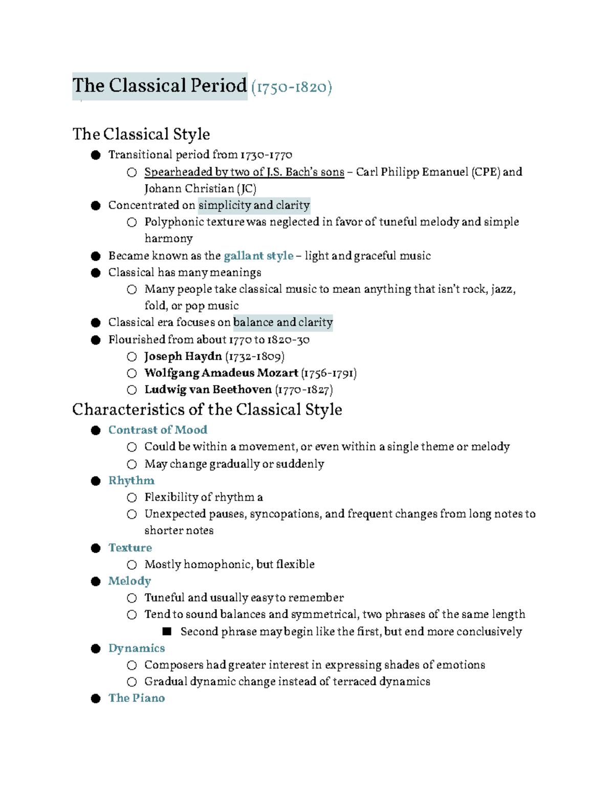MUS 120 Q3 - Completed notes over the Classical Period in music. Notes ...