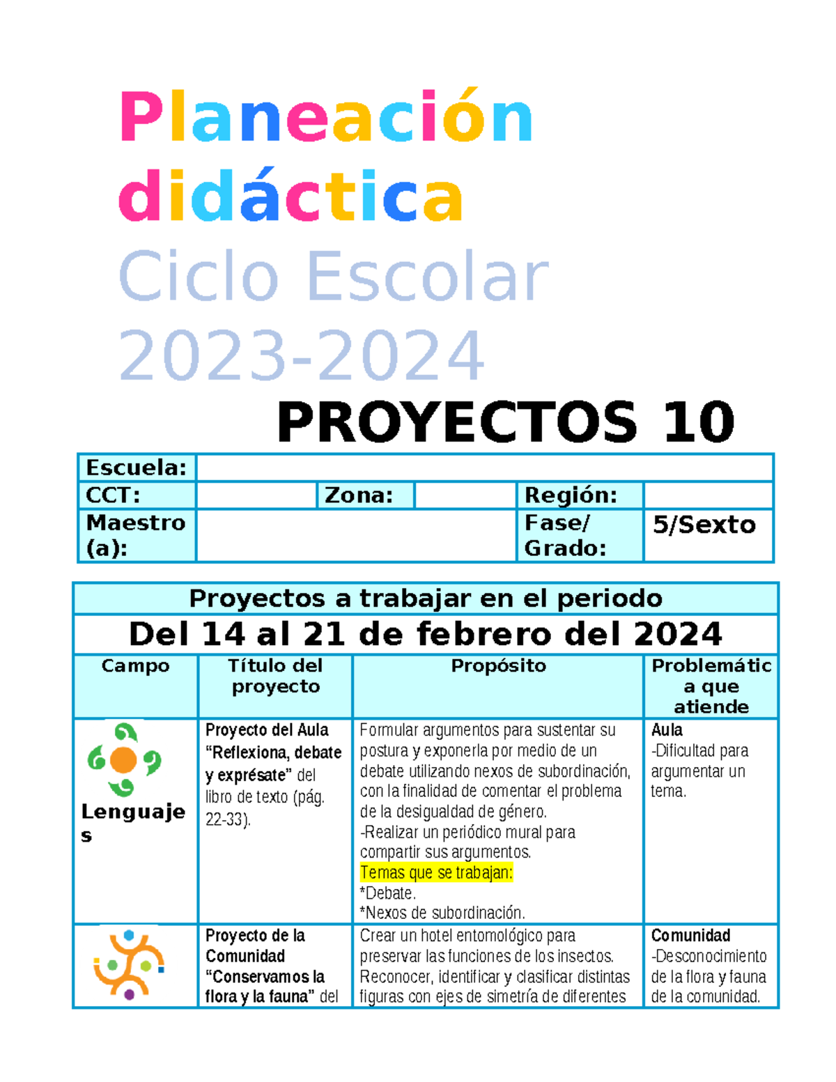 Planeación Proyectos del Aula 5to 6to - Febrero 2024 - Studocu