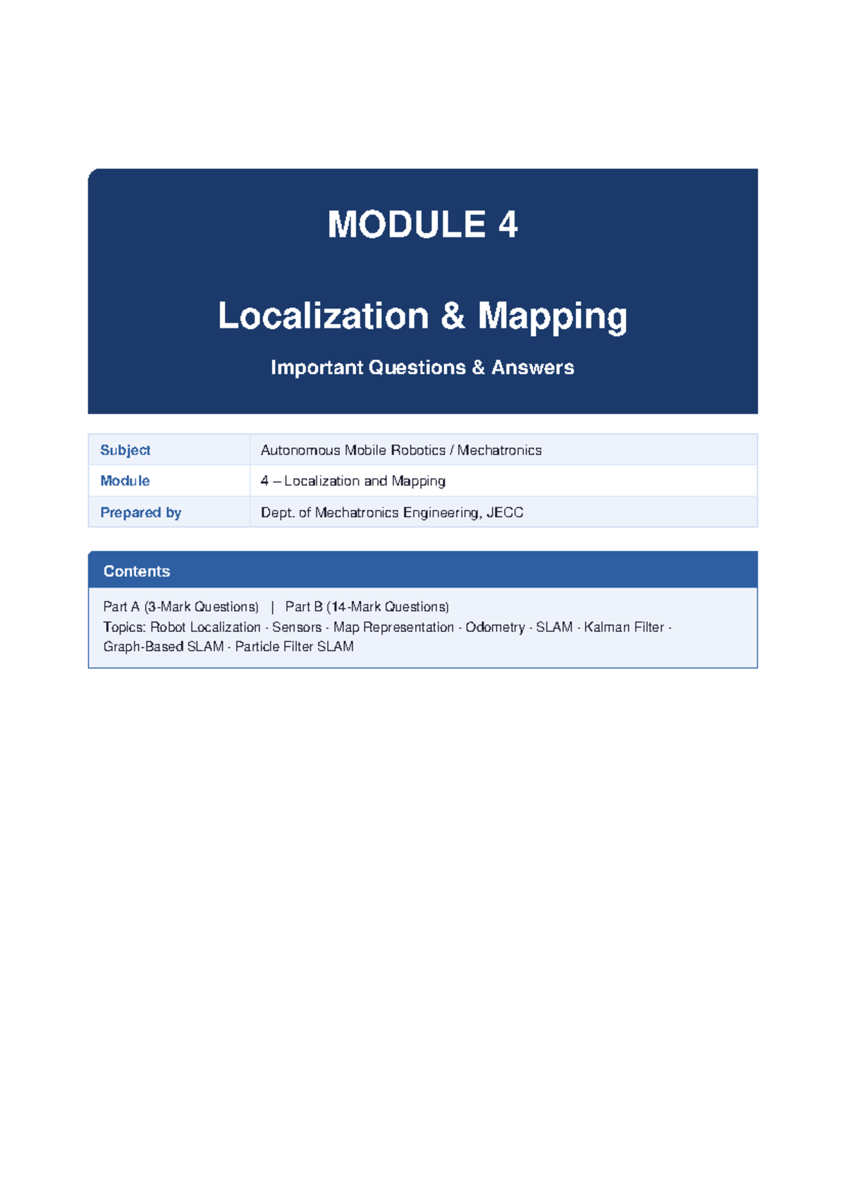 Module 4 Localization & Mapping Q&A - Autonomous Mobile Robotics - Studocu