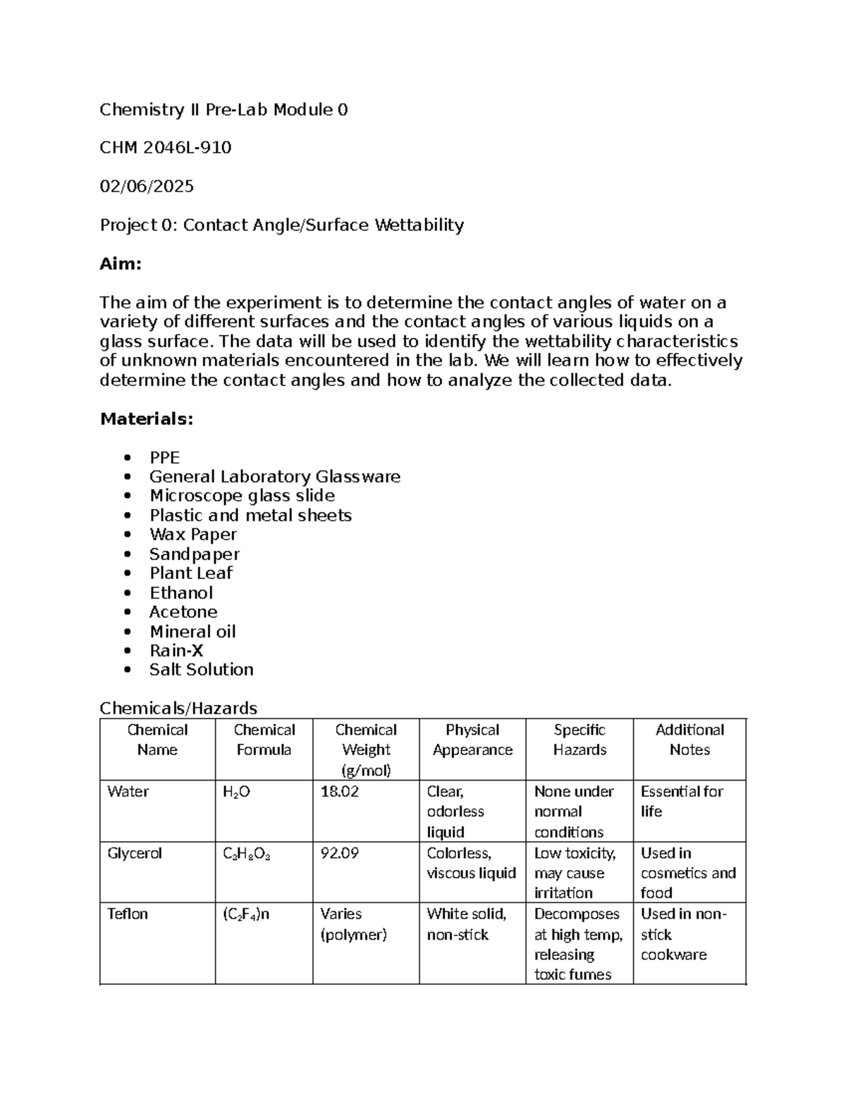 Chemistry 2 Pre Lab Module 0 - Chemistry II Pre-Lab Module 0 CHM 2046L ...
