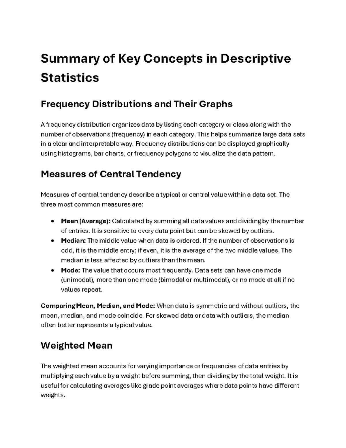 Elem Stats 2.3 - Summary of Descriptive Statistics Concepts - Studocu