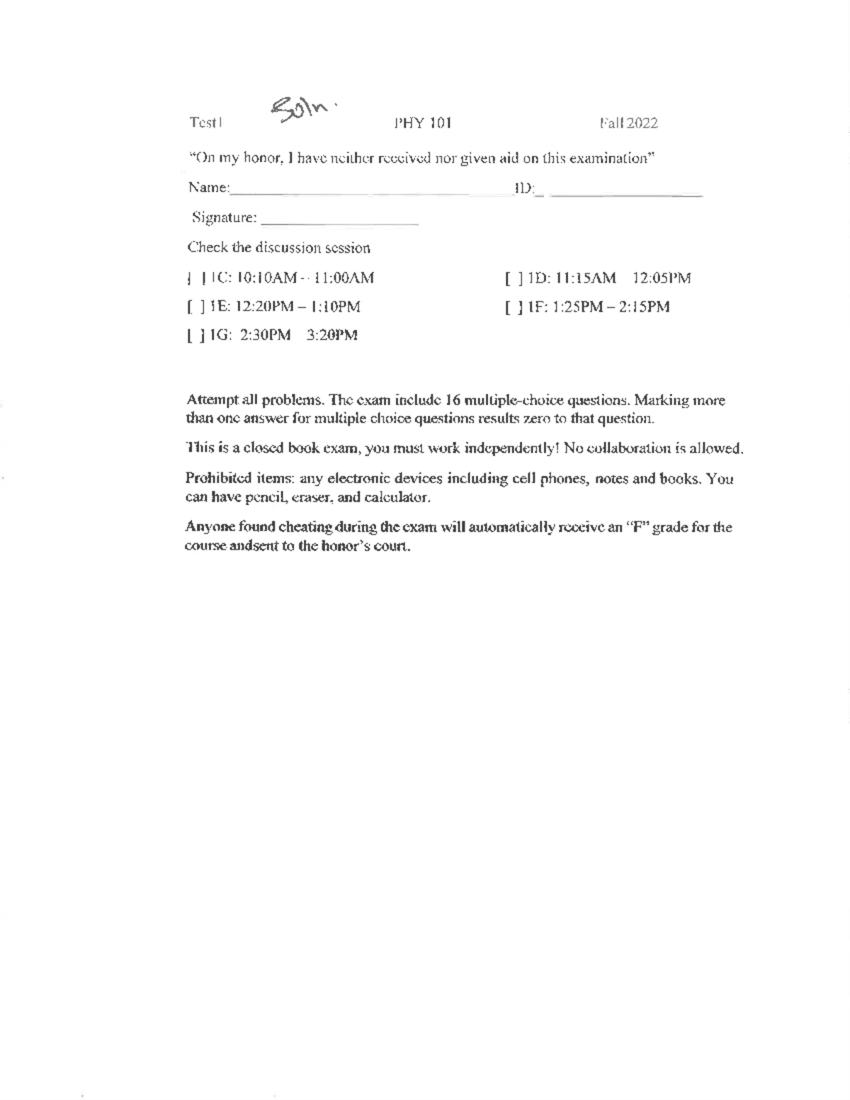 PHY101 T1-T3 F22-S24 - practice exam - PHY 101 - 0 i i i O O 19. i has ...