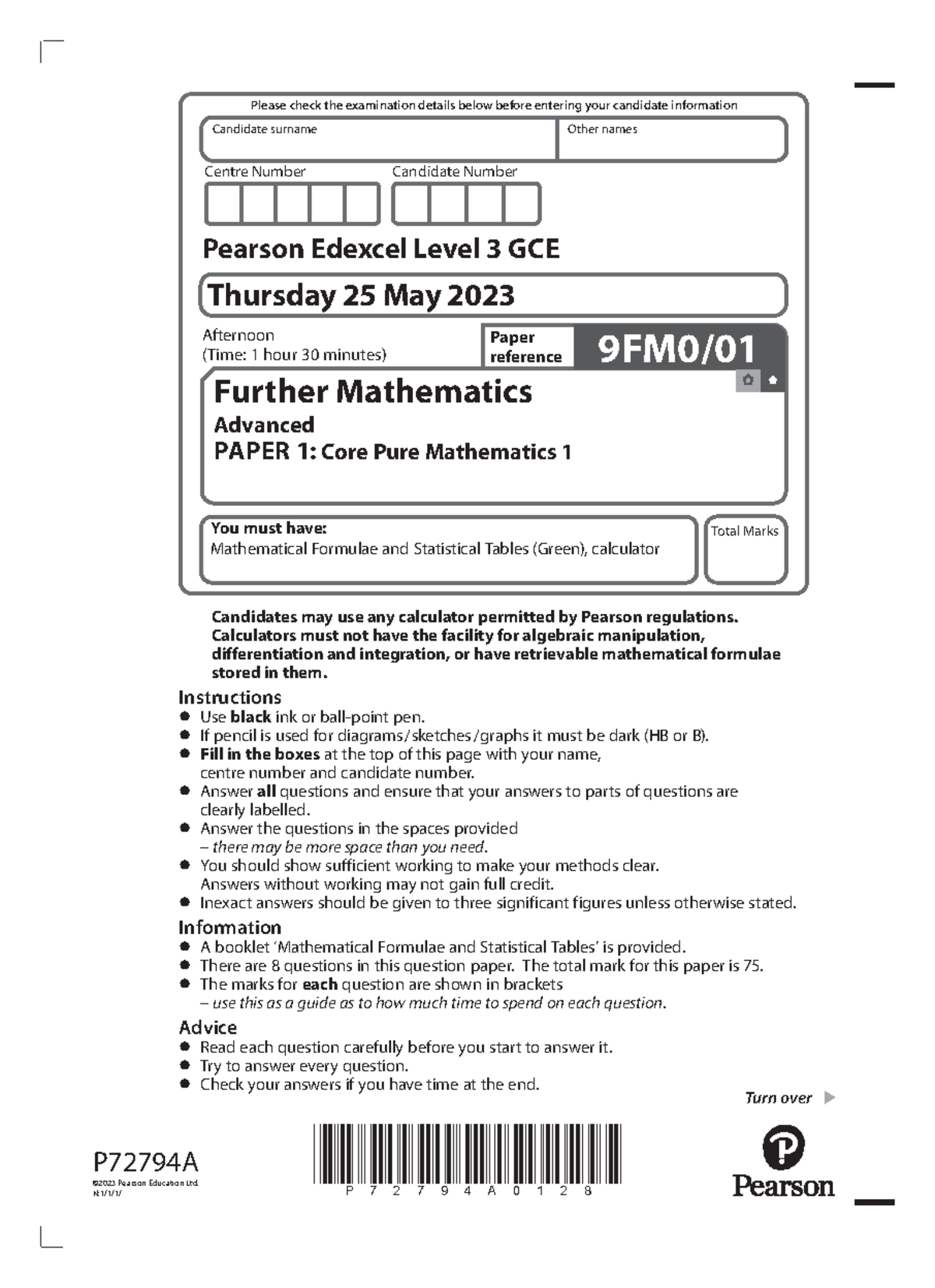 9FM0/01 Practice Paper - Further Mathematics Core Pure Maths 1 - Studocu