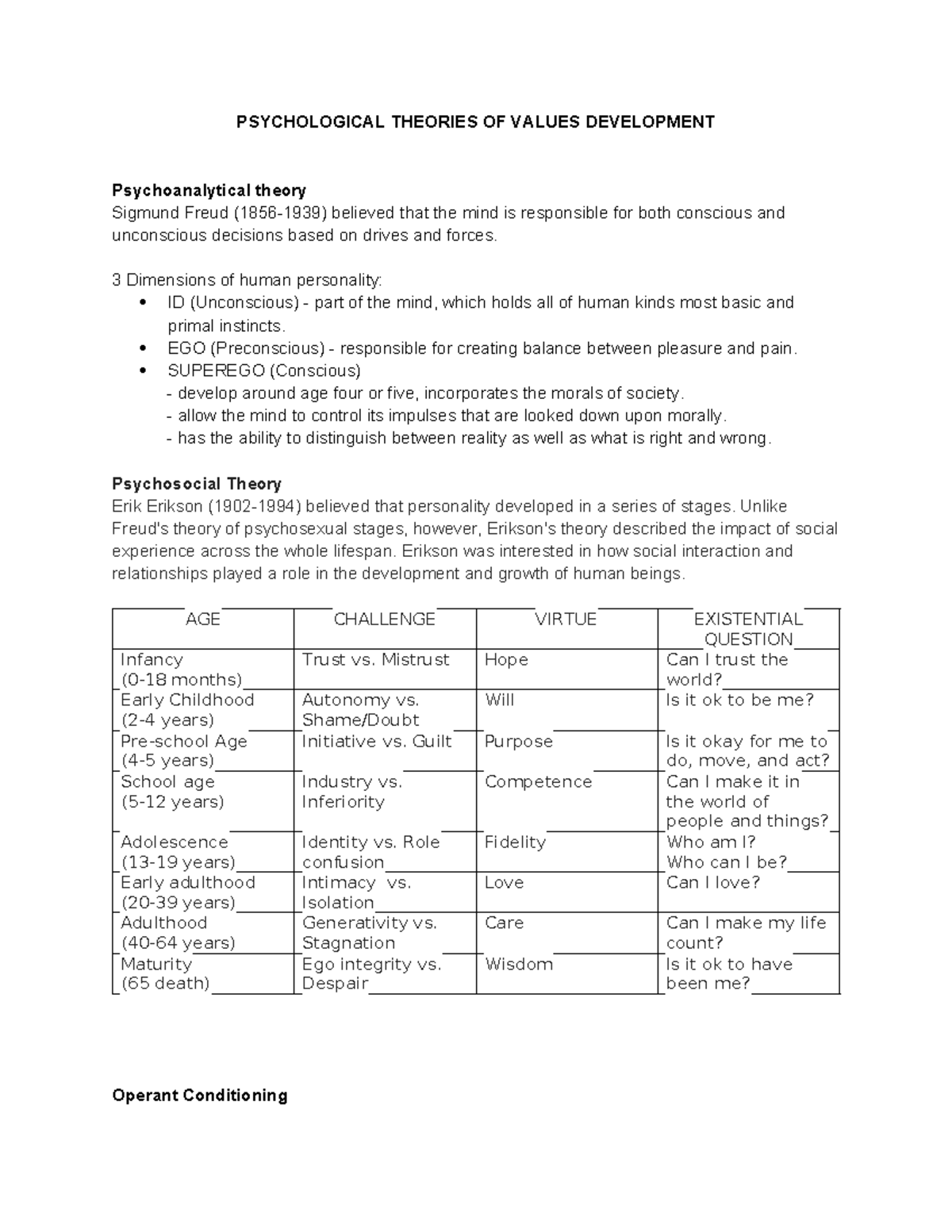 PSY 101: Values Development Theories - Week 4 Notes - Studocu