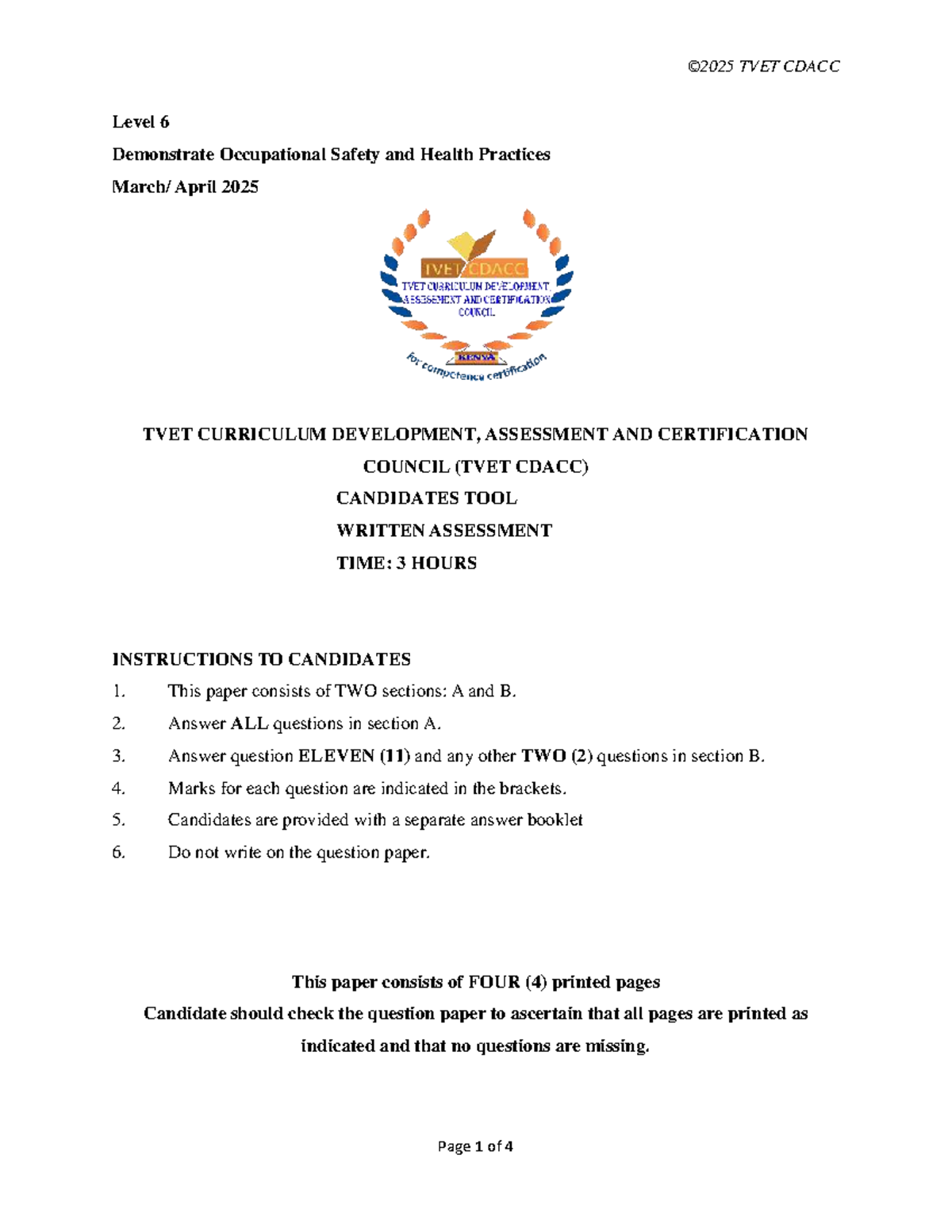 TVET CDACC Level 6 Occupational Safety and Health Practices Notes - Studocu