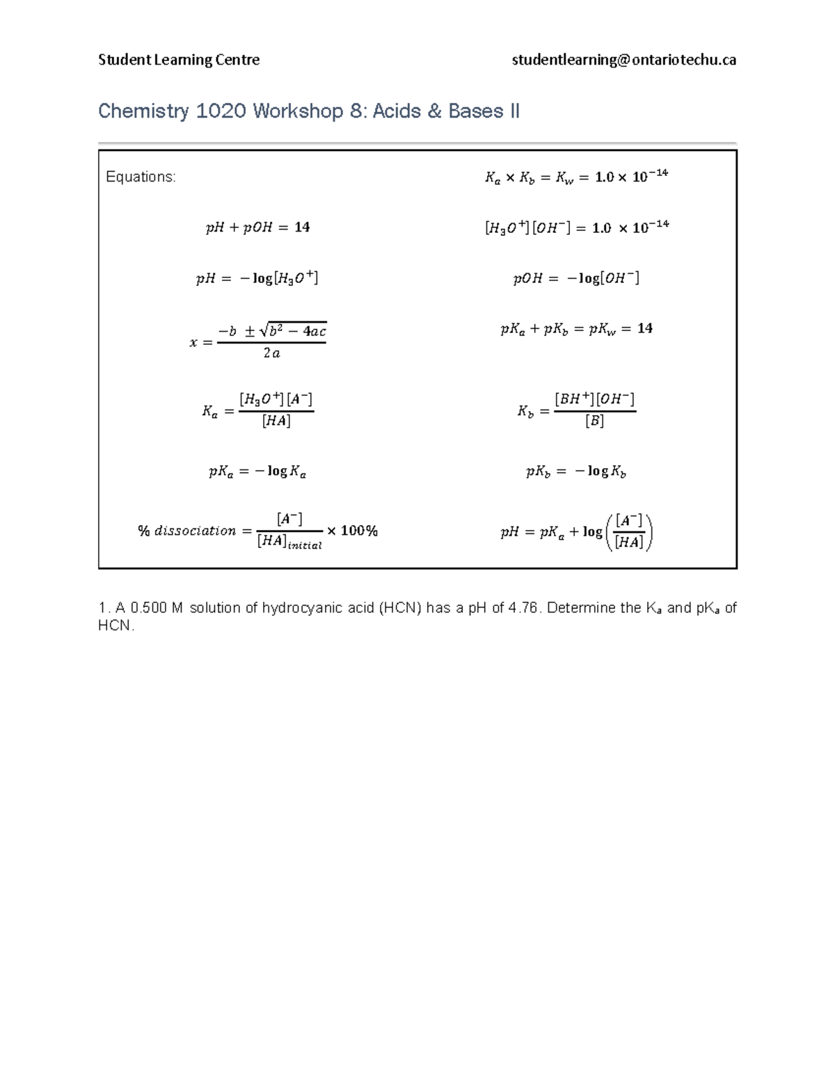 Chem 1020U Workshop 8: Acids & Bases II Equations and Calculations ...