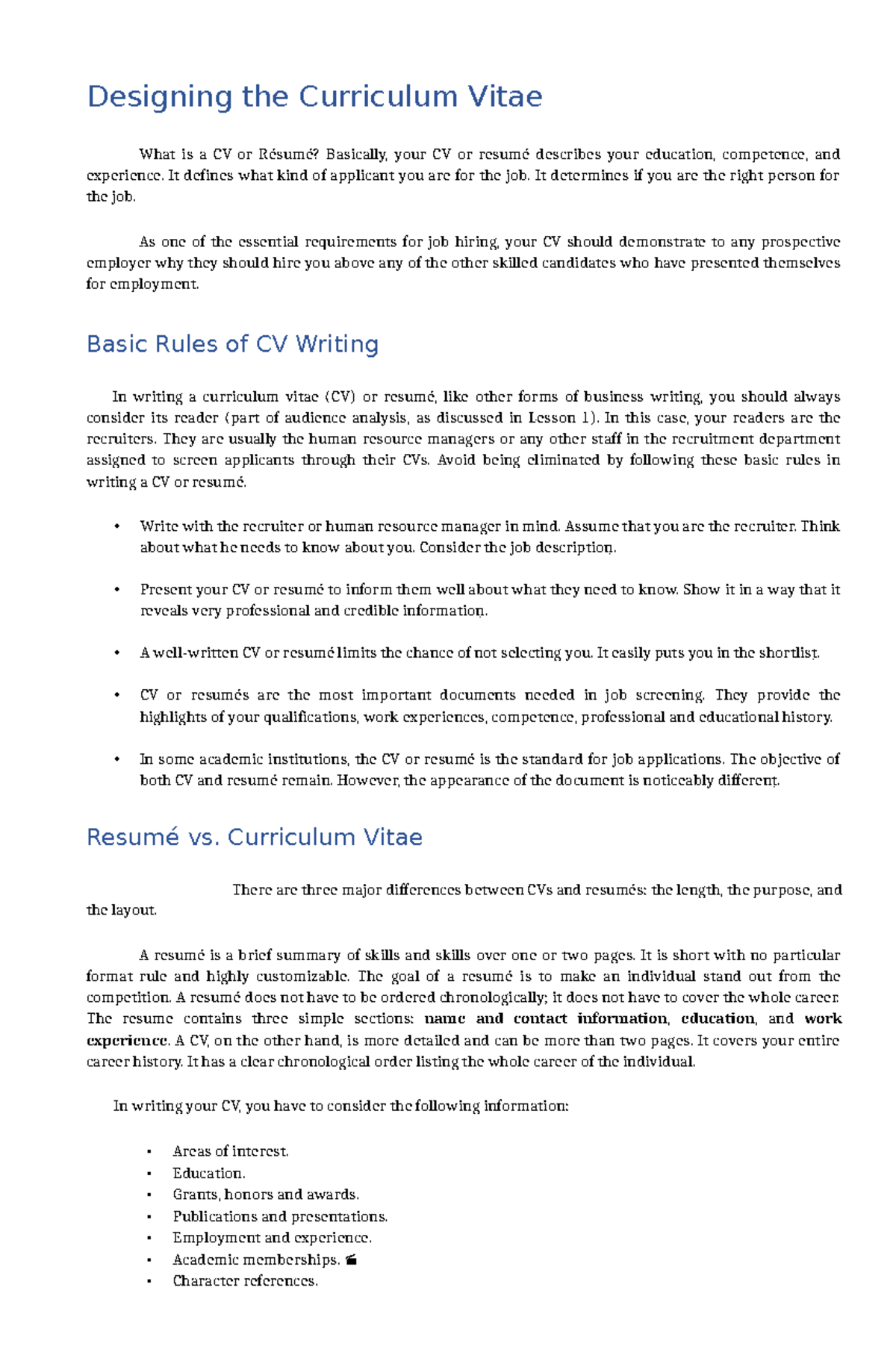 Designing an Effective CV: Key Rules and Differences Explained - Studocu
