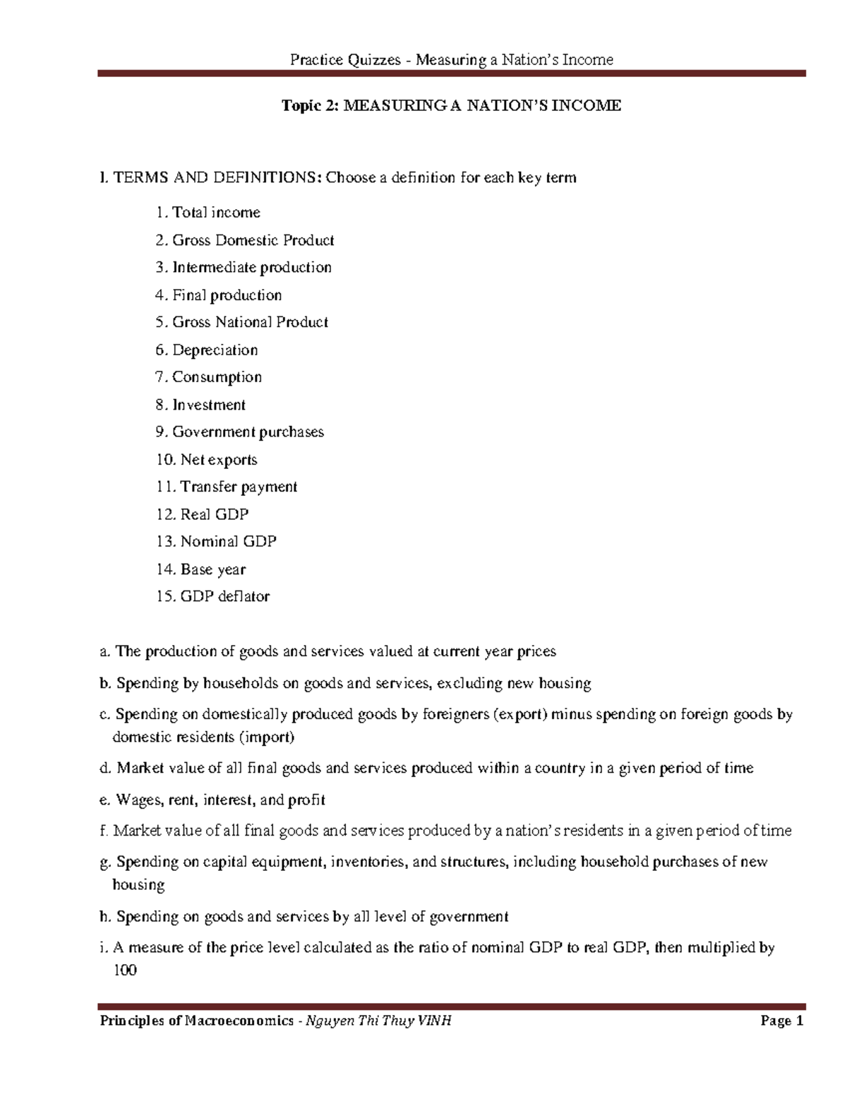 Practice Quizzes: Measuring a Nation's Income (Topic 2 - C23) - Studocu