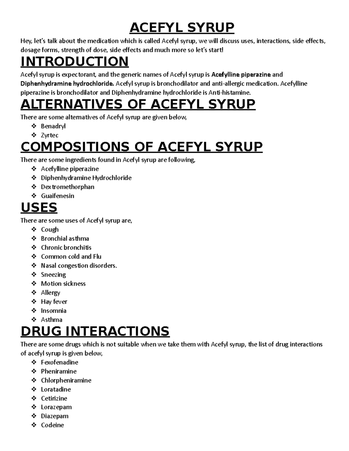 Acefyl Syrup Overview: Uses, Dosage, Interactions & Side Effects - Studocu