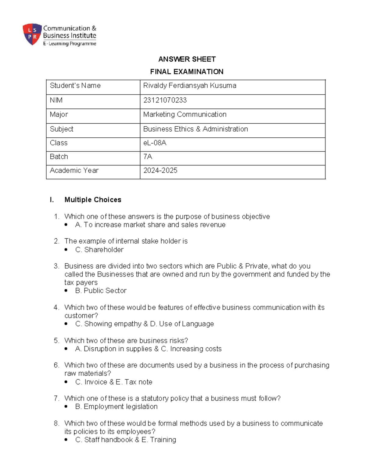 Business Ethics & Administration Final Exam - NIM 23121070233 - Studocu
