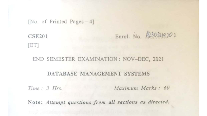 CSE201 End Semester Exam: DBMS Major 2021 PYQs for Practice - Studocu