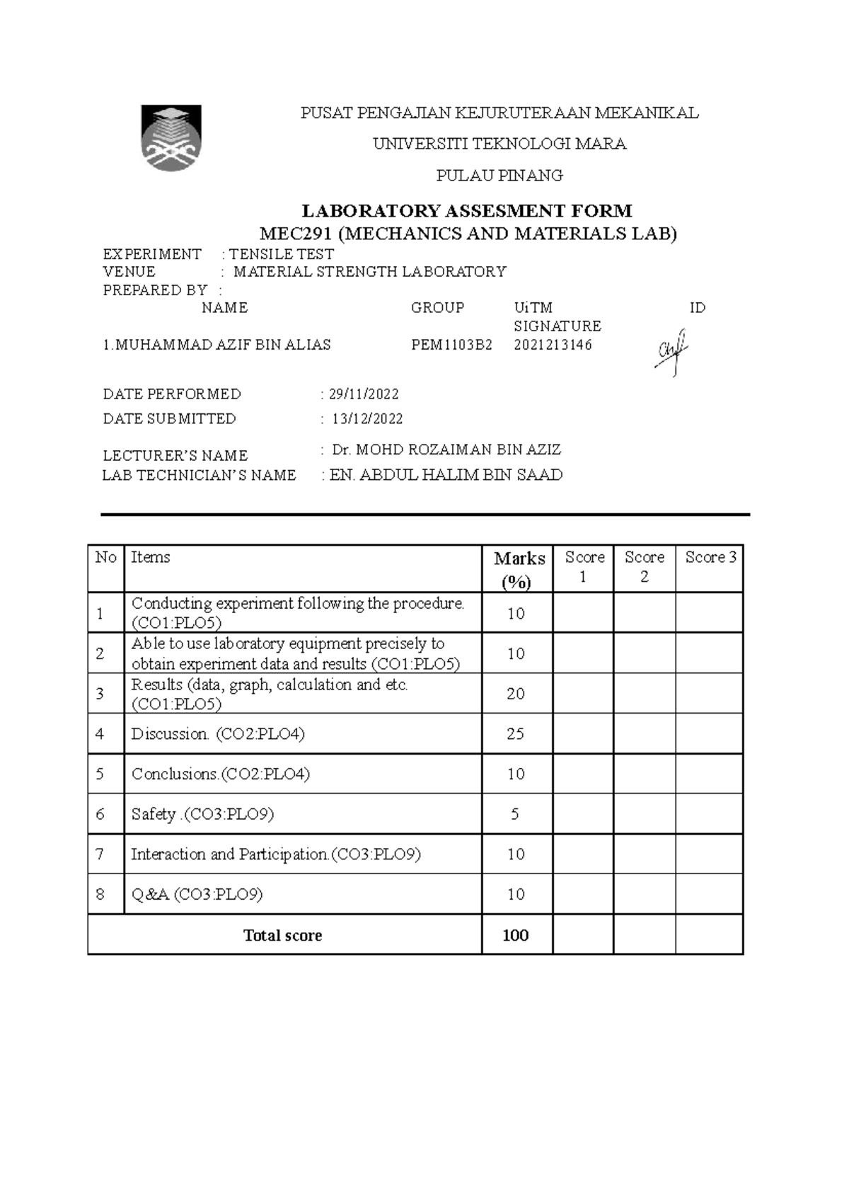 MEC291: Experiment 1 - Tensile Test Lab Report Analysis - Studocu