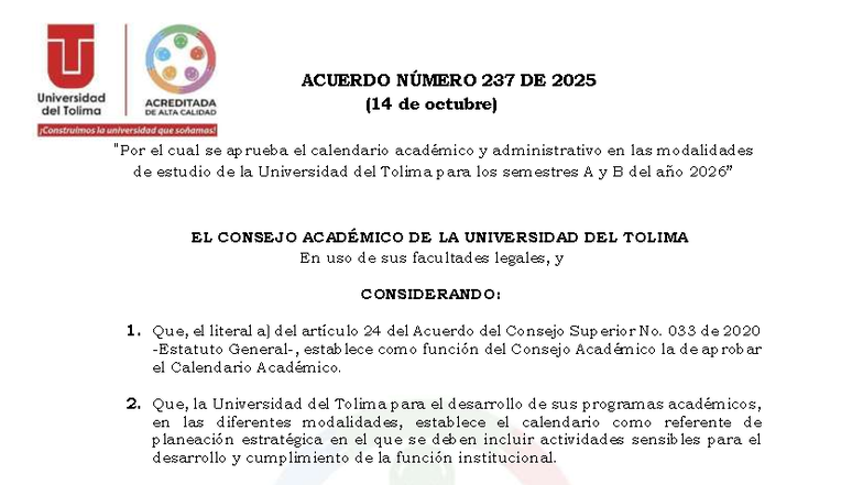 Calendario académico tolima 2