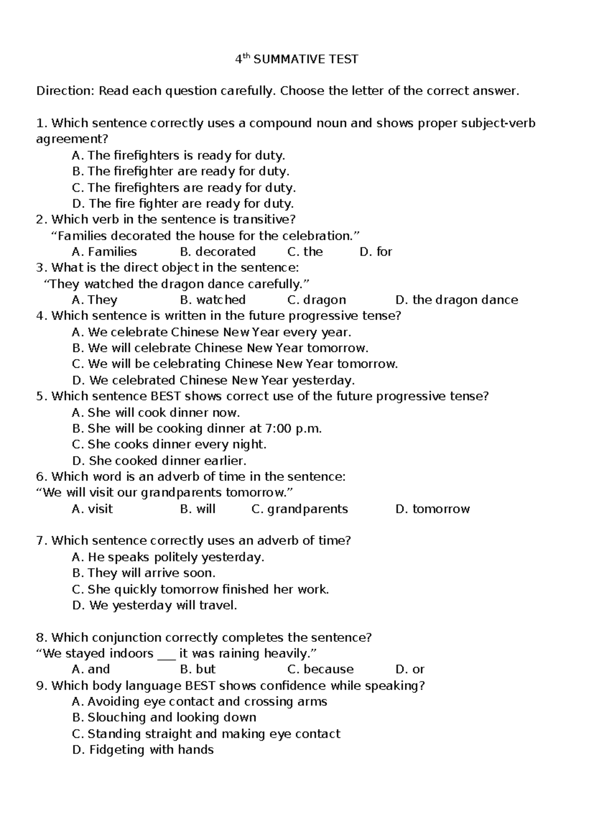 Grade 5 English Summative Test Q3: Questions and Answers - Studocu