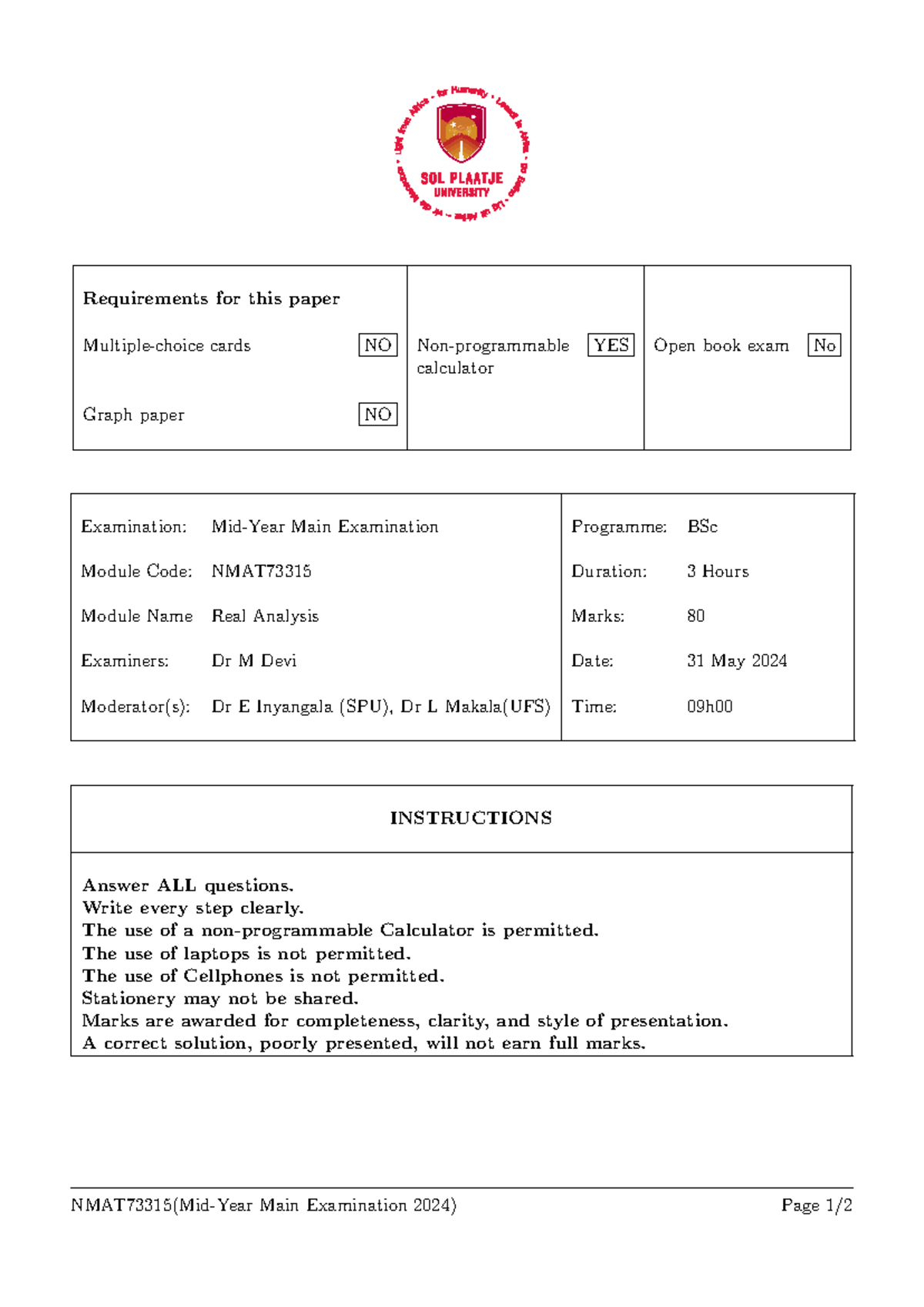 NMAT73315 Final Exam - Real Analysis Main Exam 2024 - Studocu