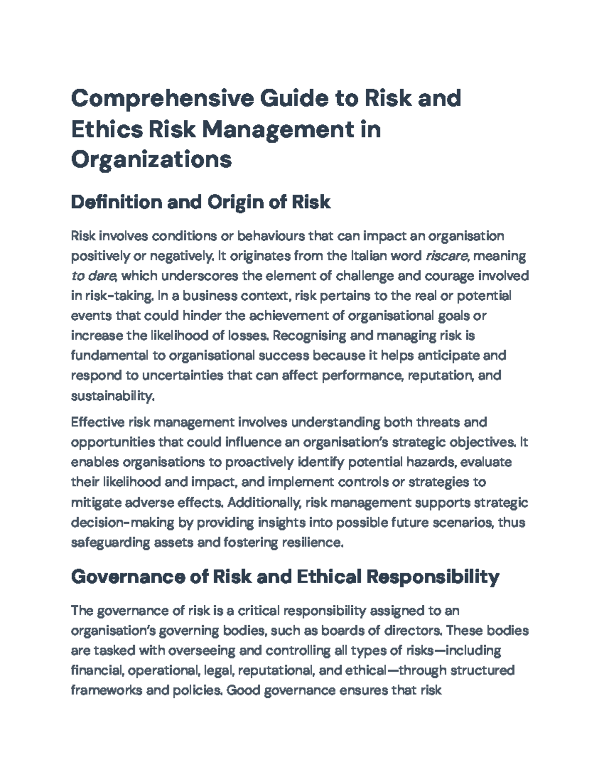 Ethics Risk Management and Strategic Integration Overview ...