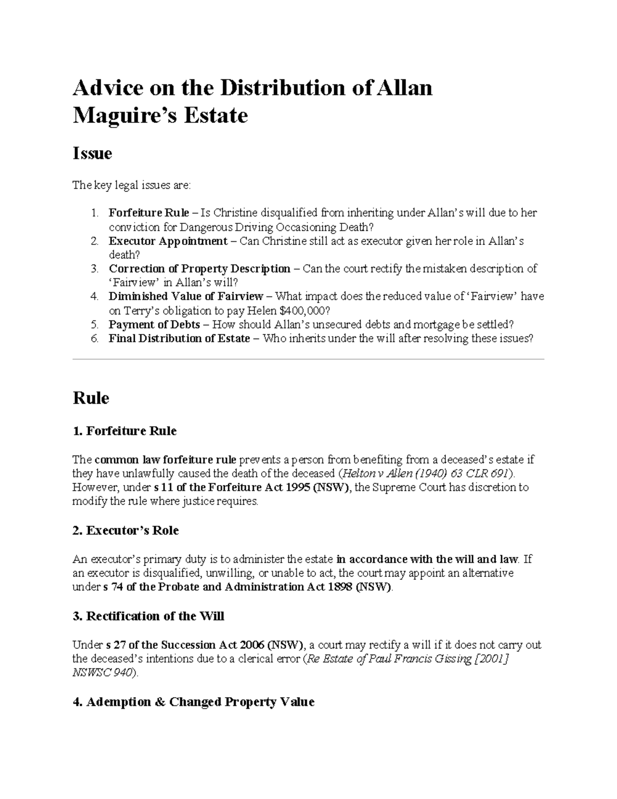 Legal Advice on Allan Estate Distribution Issues (NSW) - Studocu