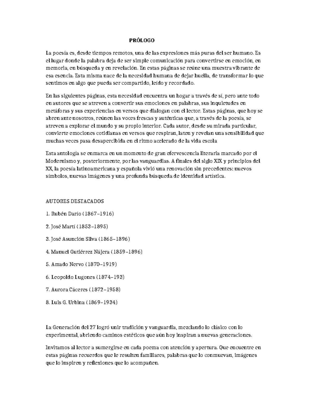 PRÓLOGO: Antología de Poesía Latinoamericana y Española - Studocu