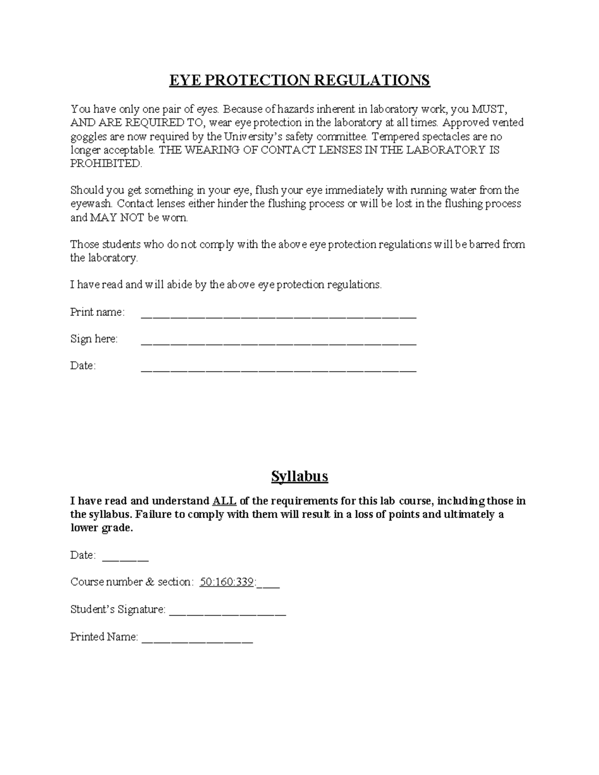 EYE PROTECTION REGULATIONS - Week 1 Safety Printout - Studocu