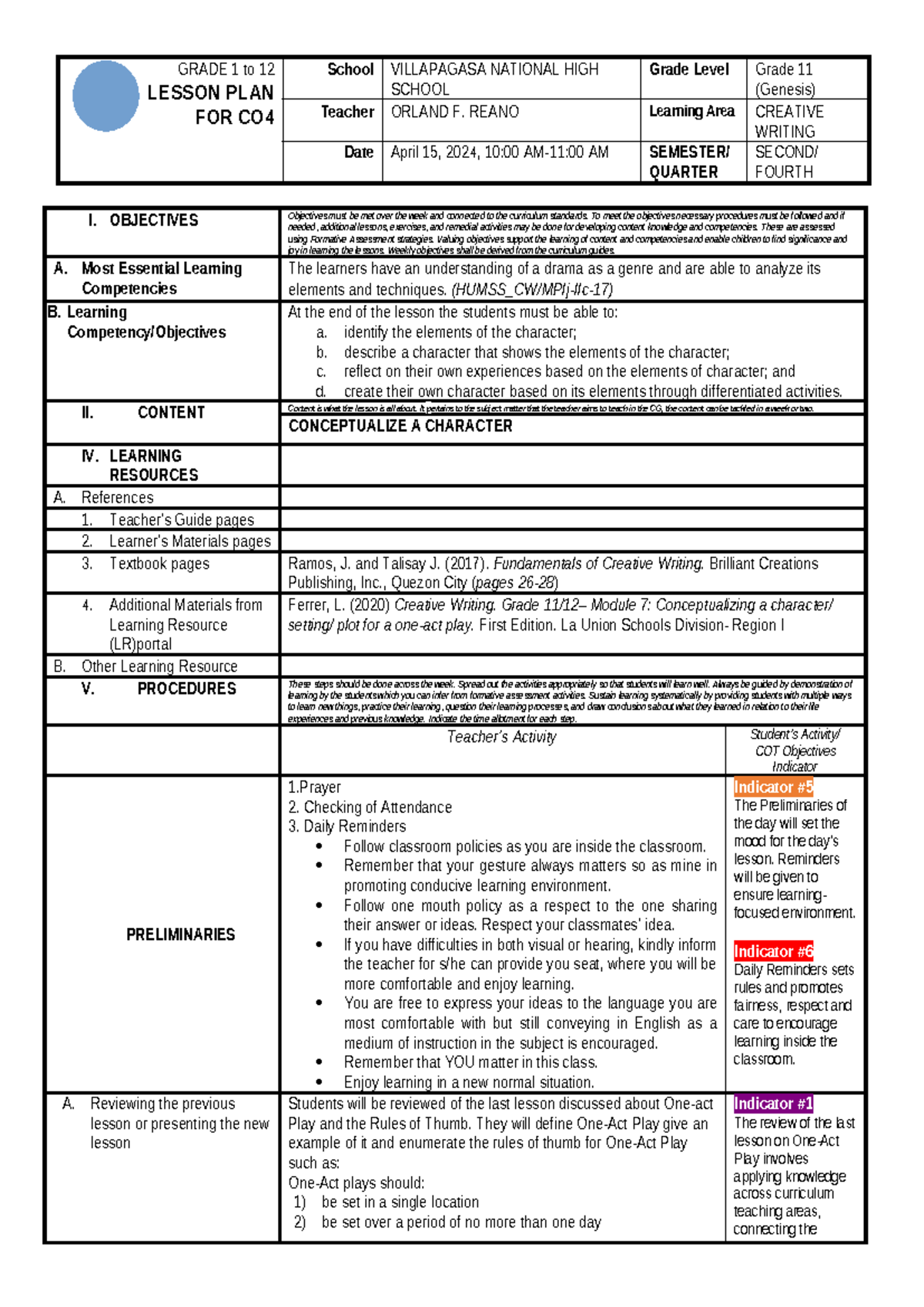 COT-4-LP-2023-2024 Lesson Plan: Creative Writing for Grade 11 - Studocu