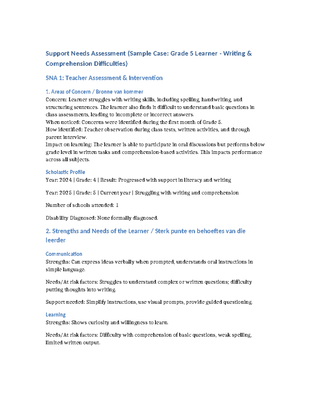 Support Needs Assessment SNA 1: Grade 5 Writing Comprehension ...