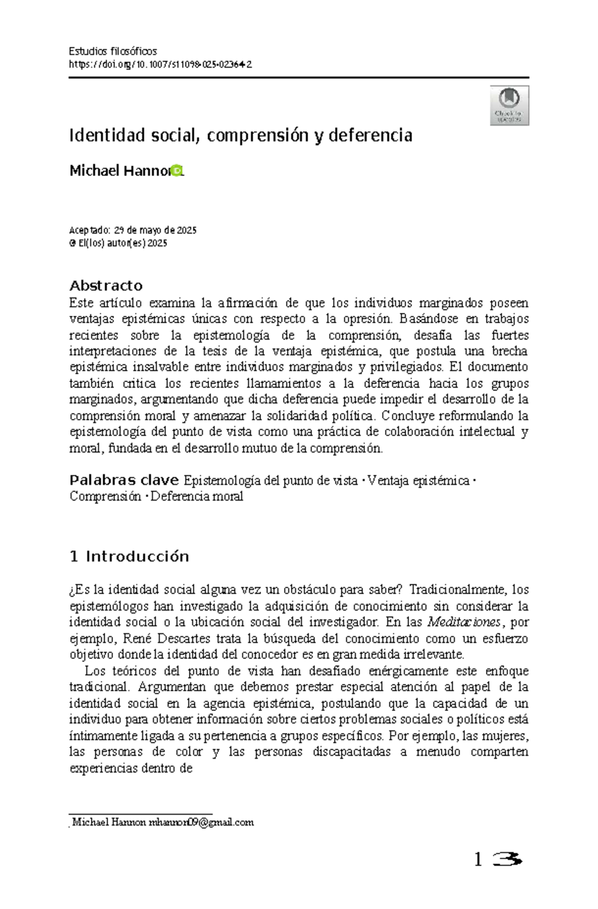 Identidad Social y Deferencia: Ventajas Epistémicas en Filosofía - Studocu