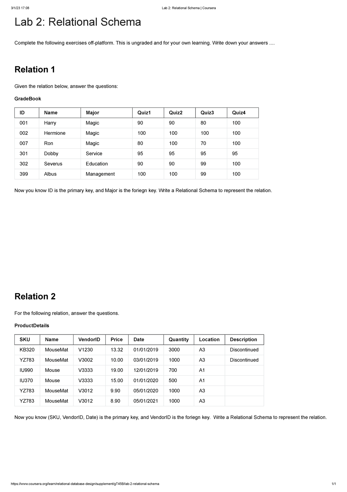 Week 2 - Lab 2 Relational Schema - 3/1/23 17:08 Lab 2: Relational ...