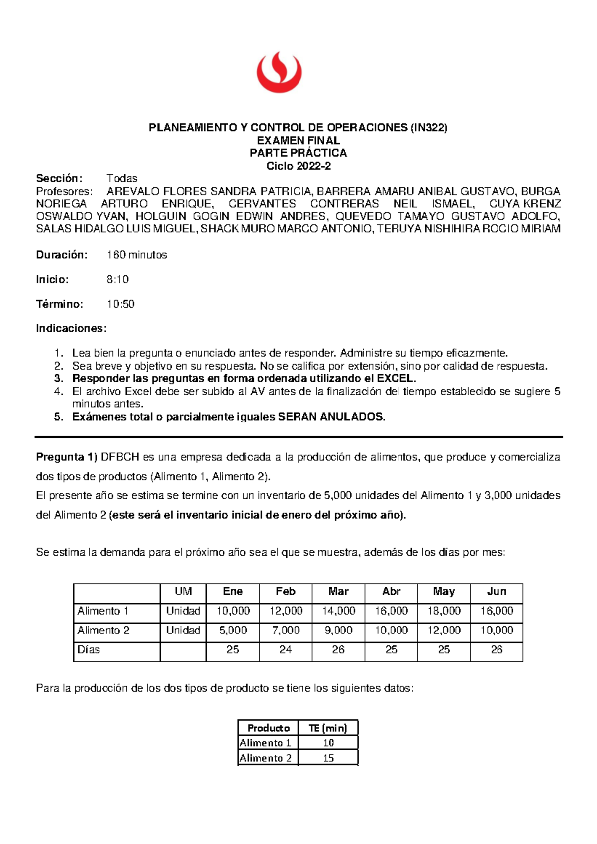 Examen Final PCO (IN322): Planeamiento y Control de Operaciones - Studocu