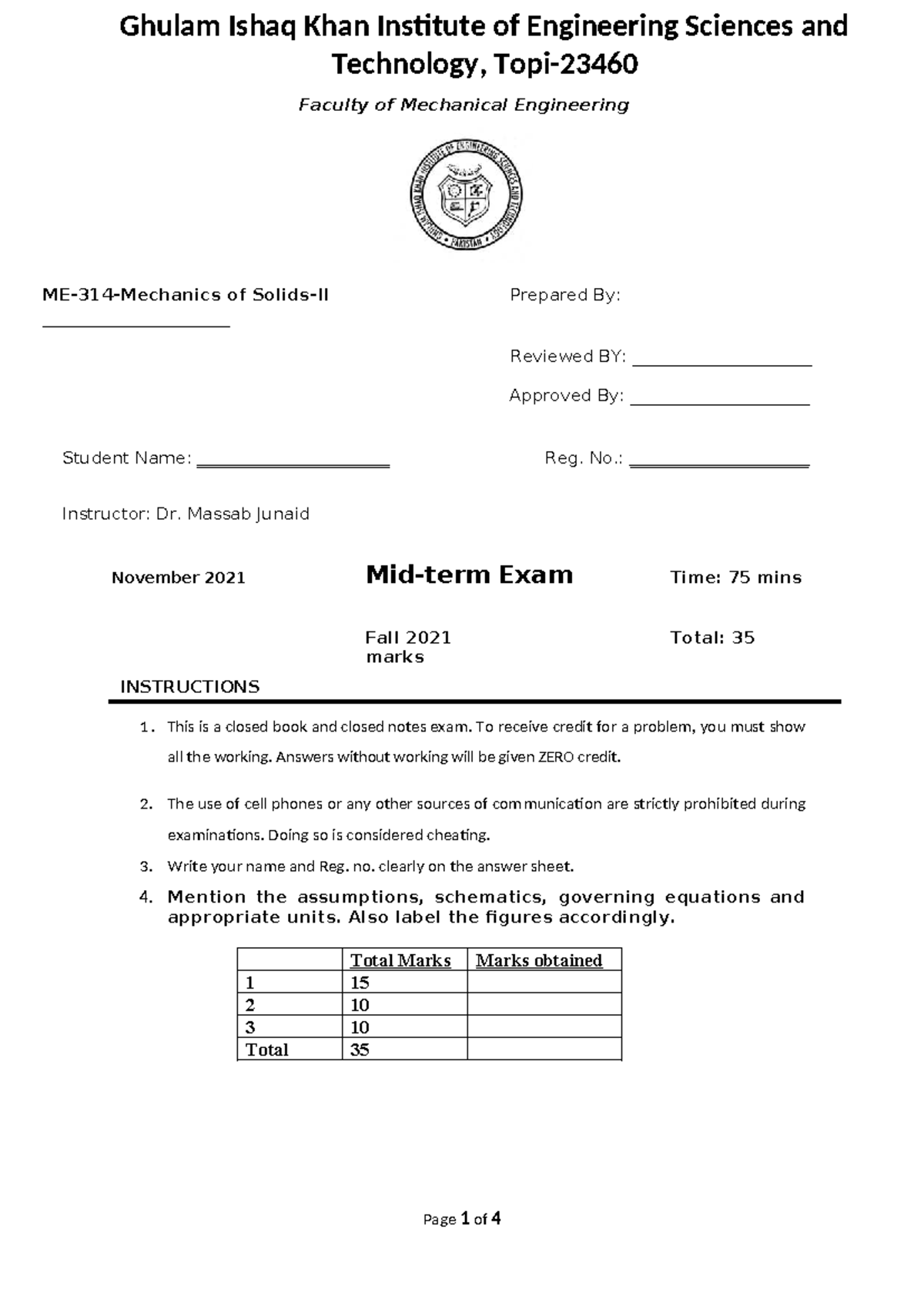 MID Exam FA21 OBE - Mechanical Engineering Midterm Exam - Studocu