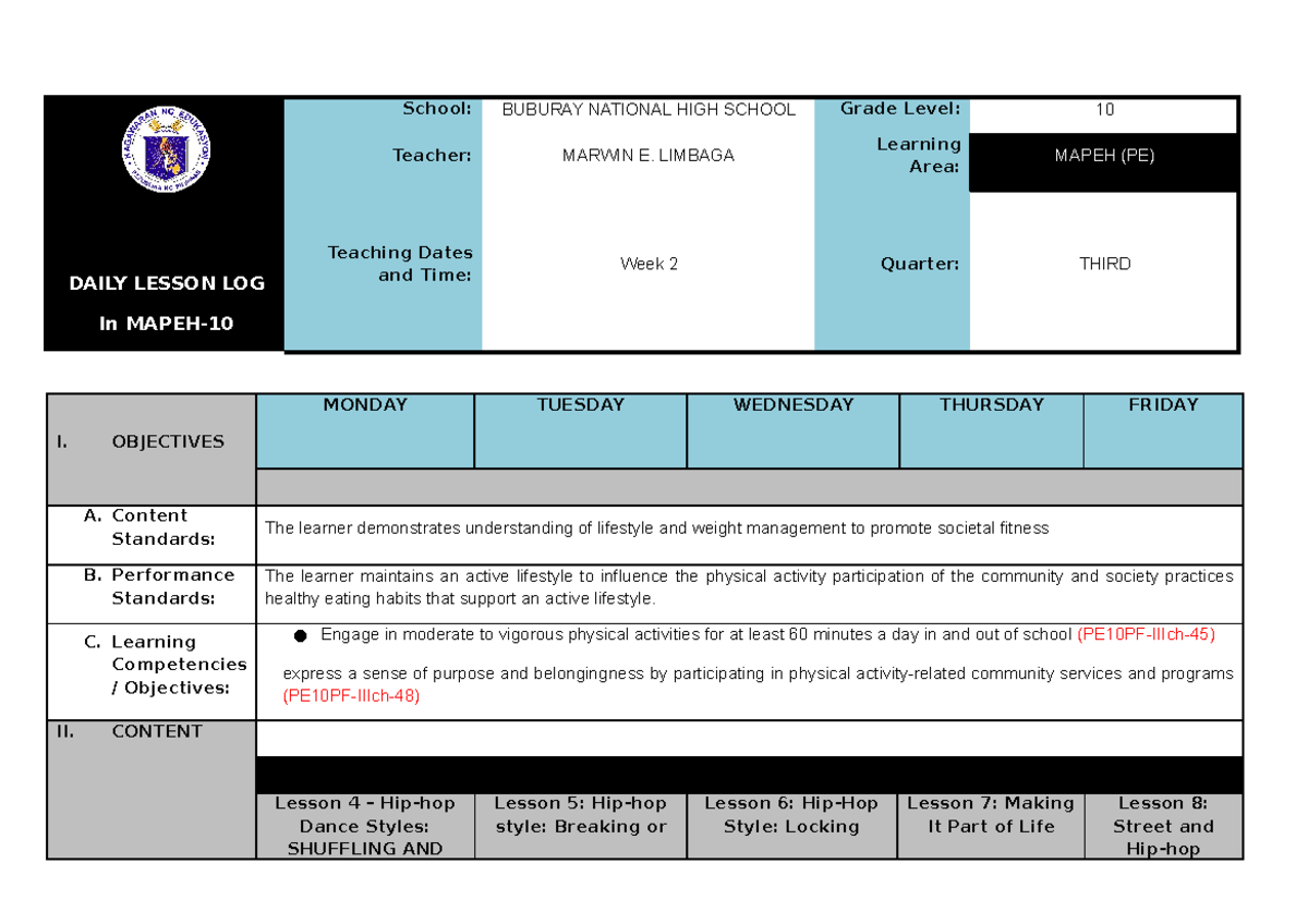 Q3 PE10-Week2 - Daily Lesson Log for Physical Education - Studocu