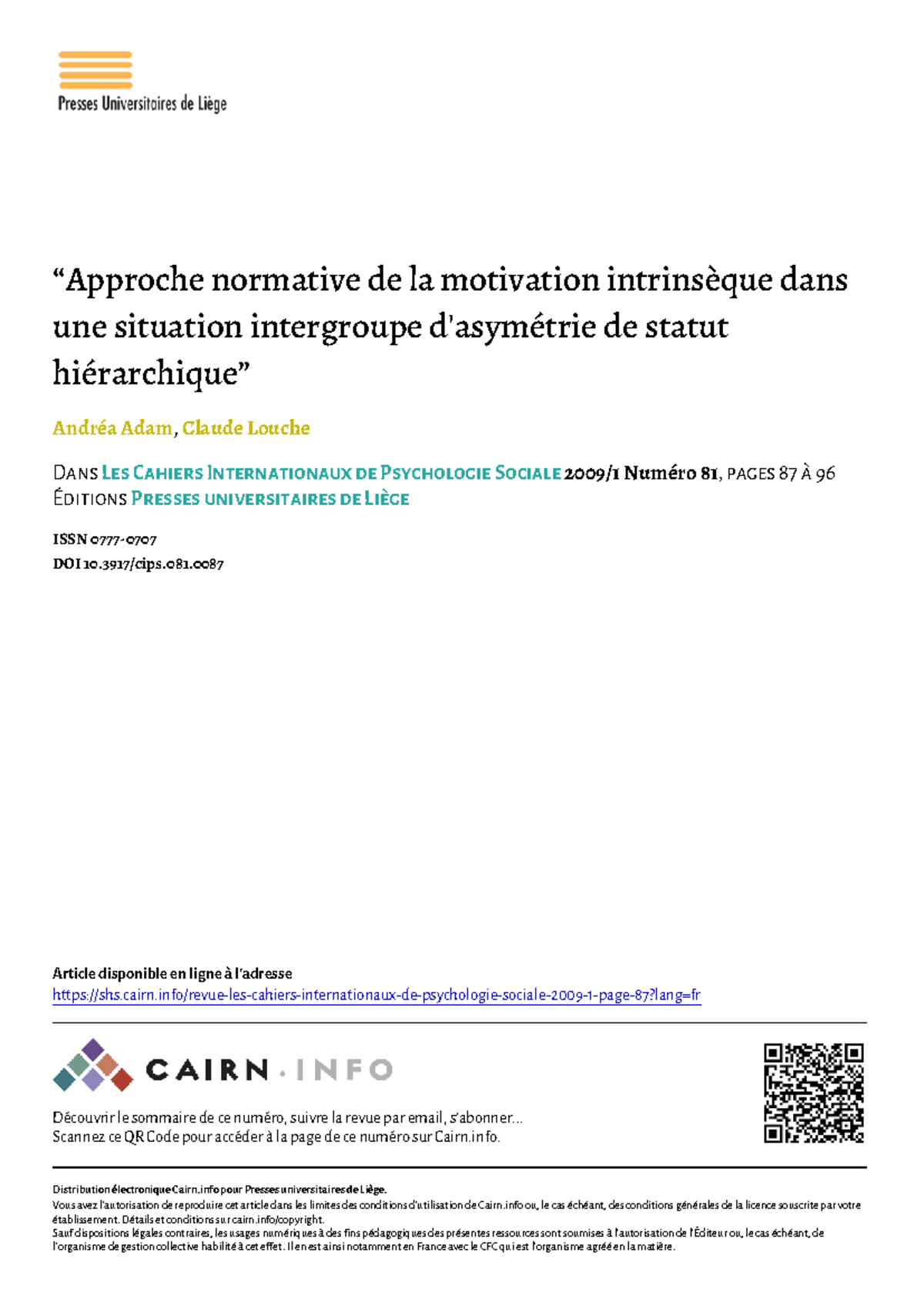Approche Normative de la Motivation Intrinsèque en Situation ...