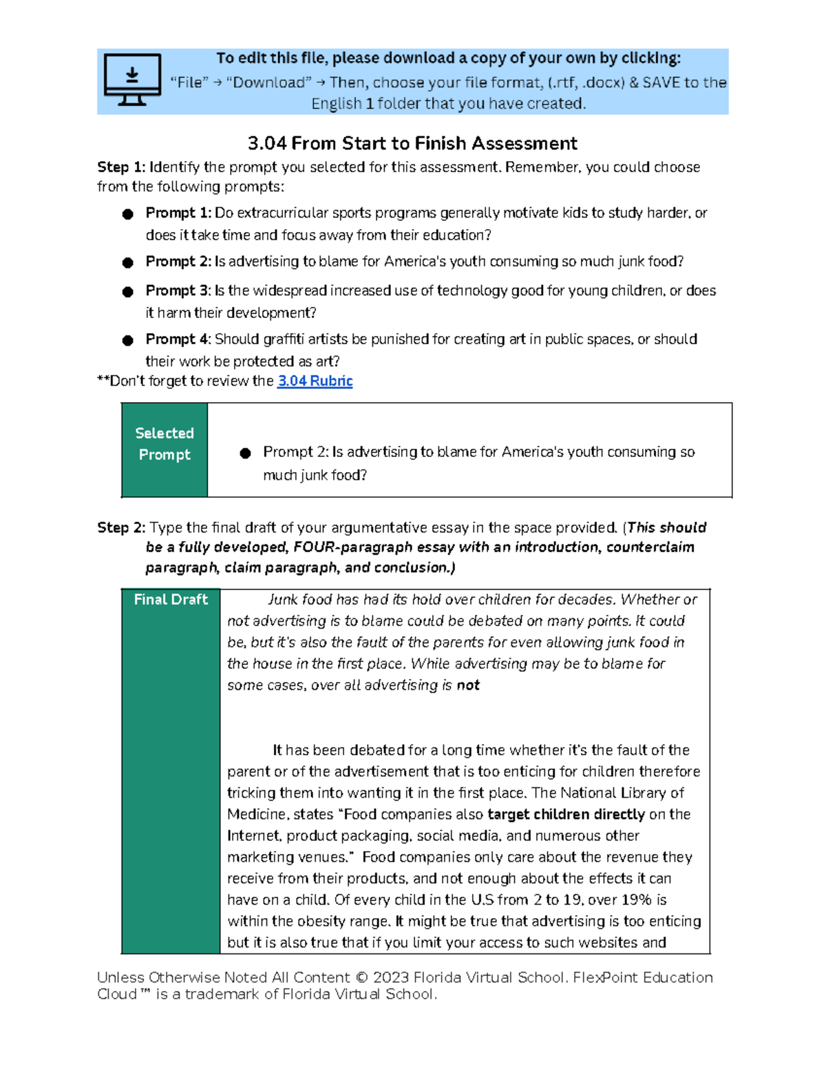 3.04 Assignment redo - wwwwwwwwwww - 3 From Start to Finish Assessment ...