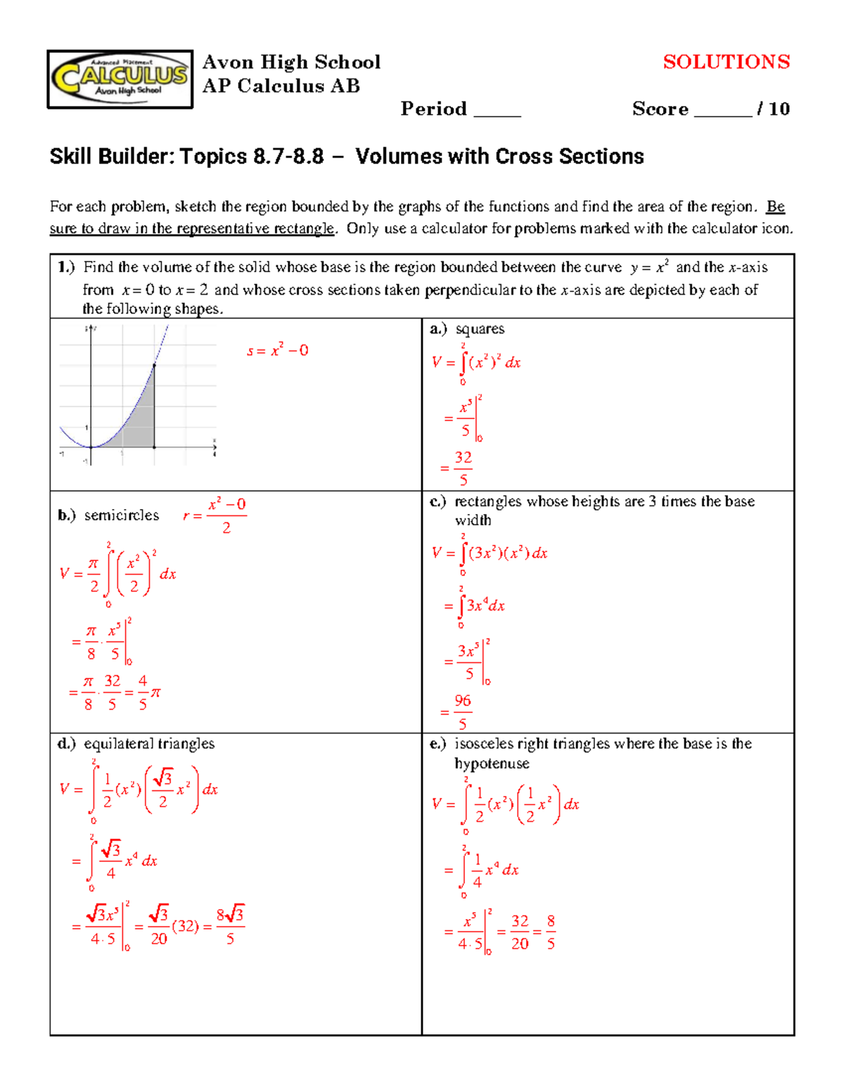 AP Calculus AB (Period 10) - Volumes with Cross Sections Solutions ...