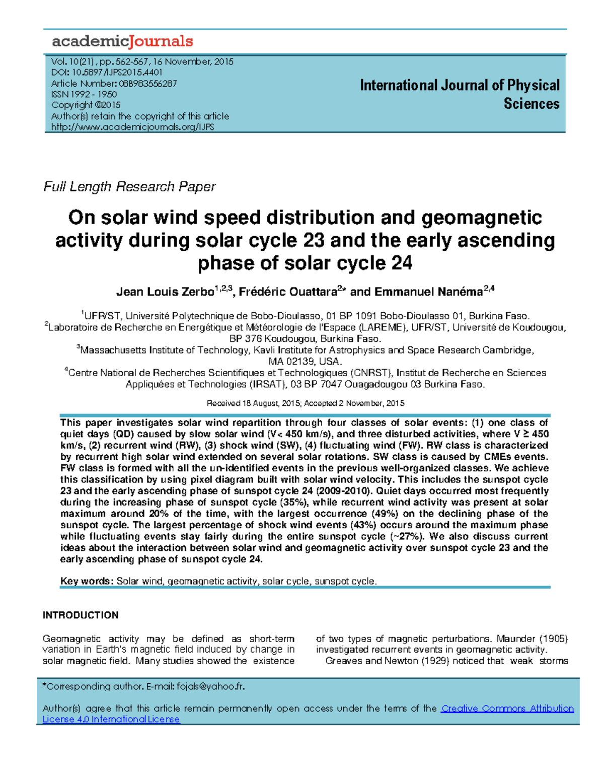Solar Wind Speed Distribution & Geomagnetic Activity: A Study on Solar ...