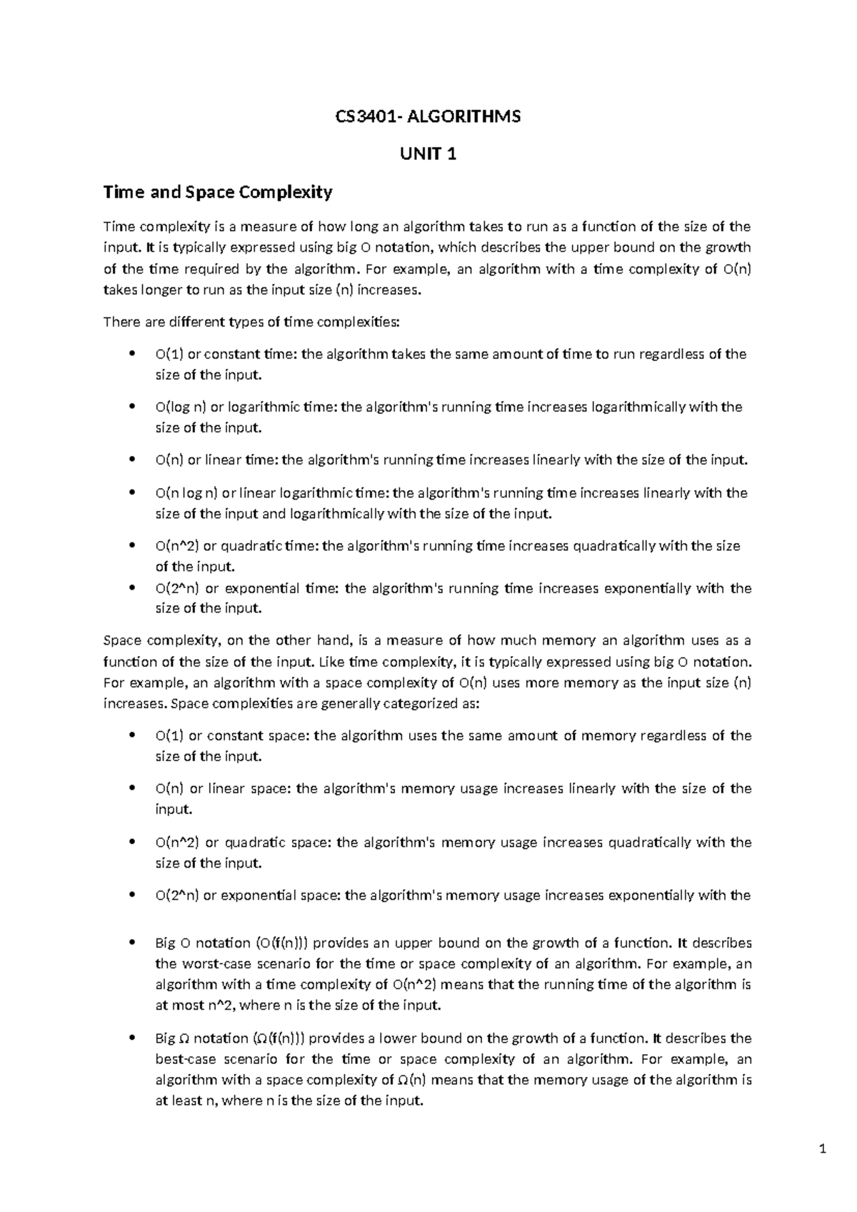CS3401 Algorithm - unit 1 notes - CS3401- ALGORITHMS UNIT 1 Time and ...
