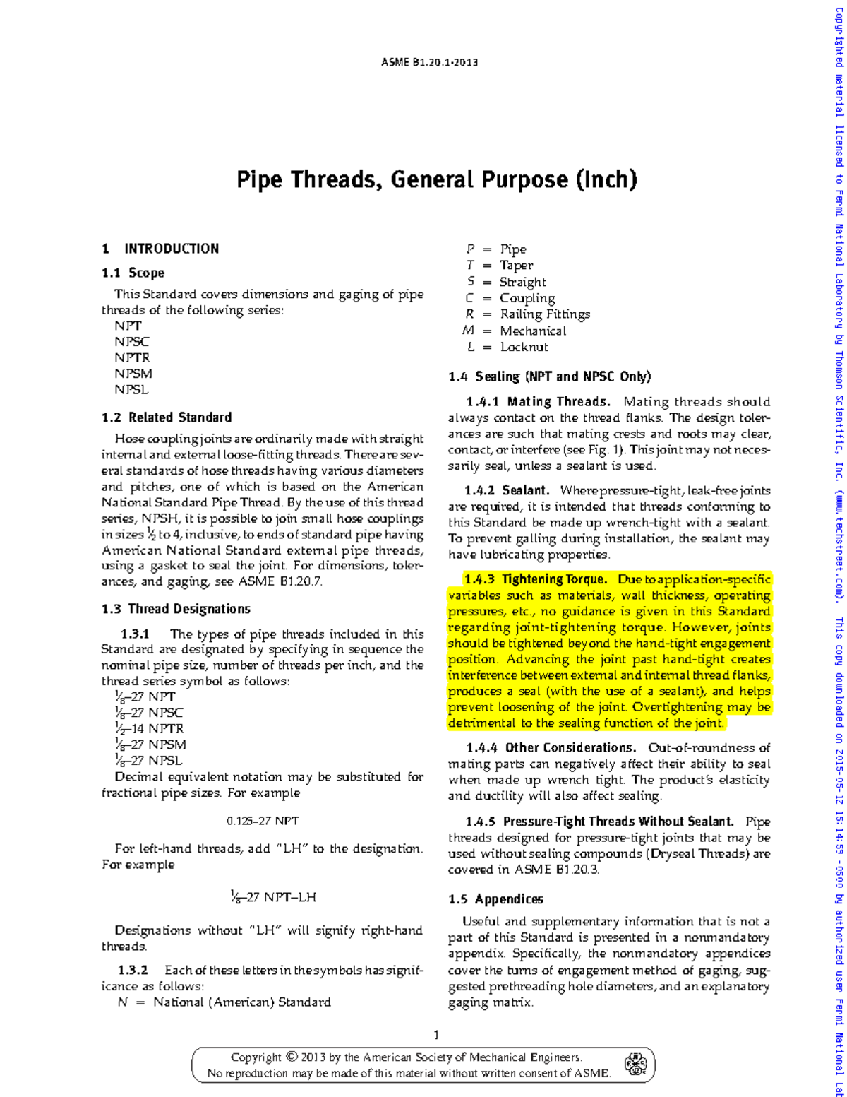 ASME Standard for Pipe Threads: General Purpose (Inch) Overview - Studocu