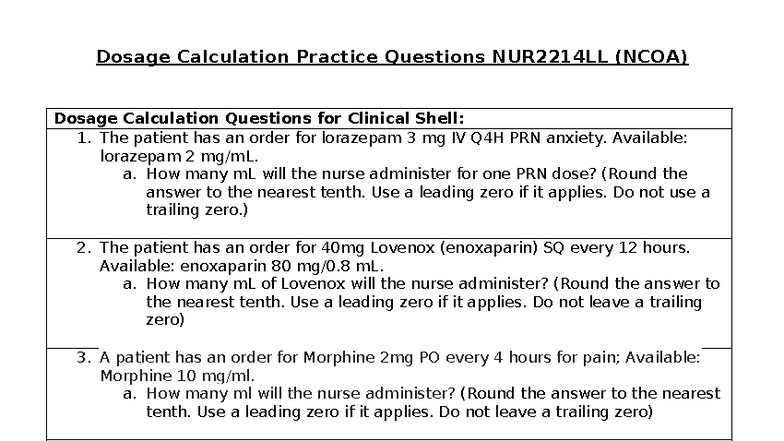 Dosage Calculation Practice Questions for NUR2214LL - Studocu