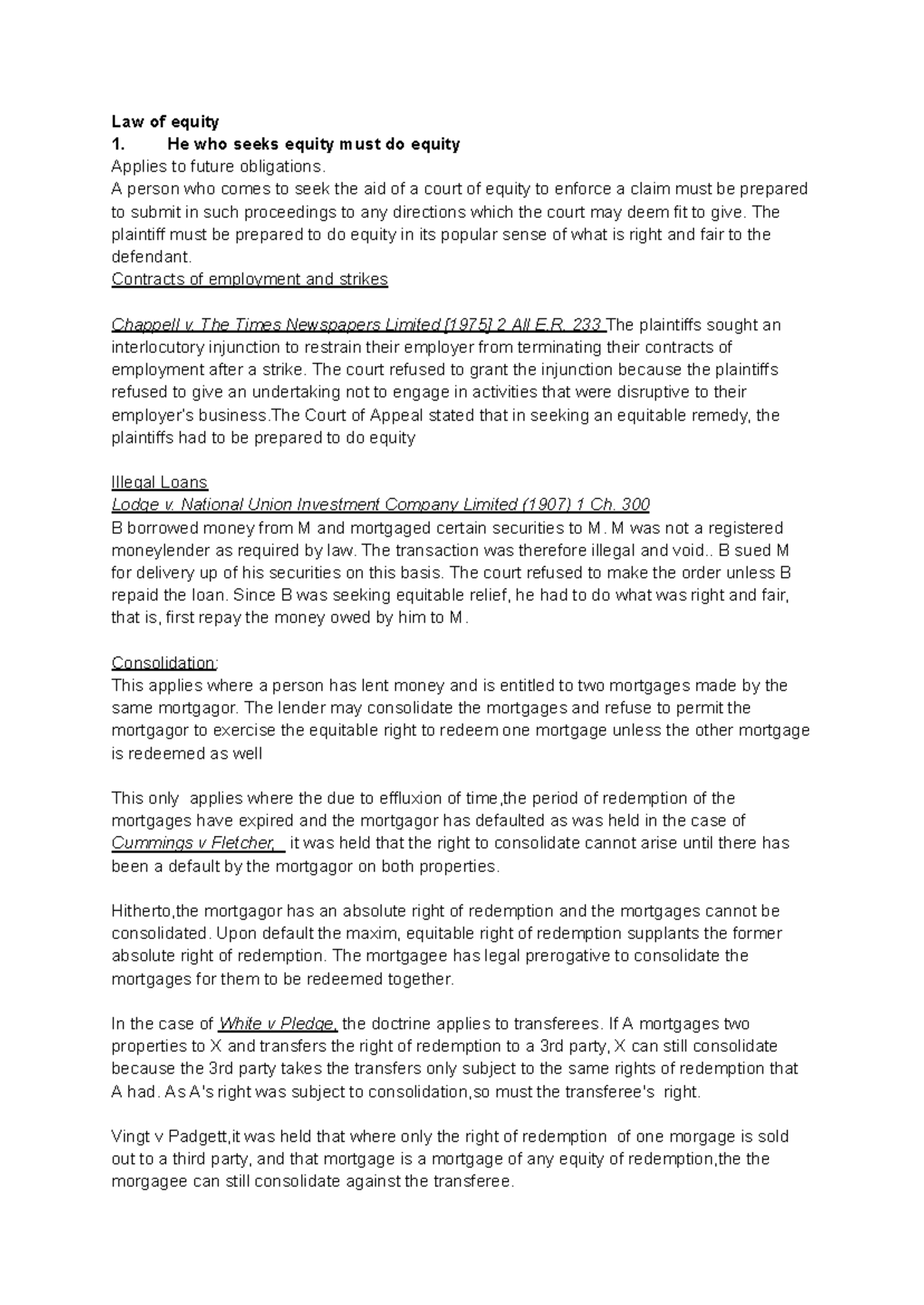 Law of Equity: Notes on Principles and Case Studies - Studocu