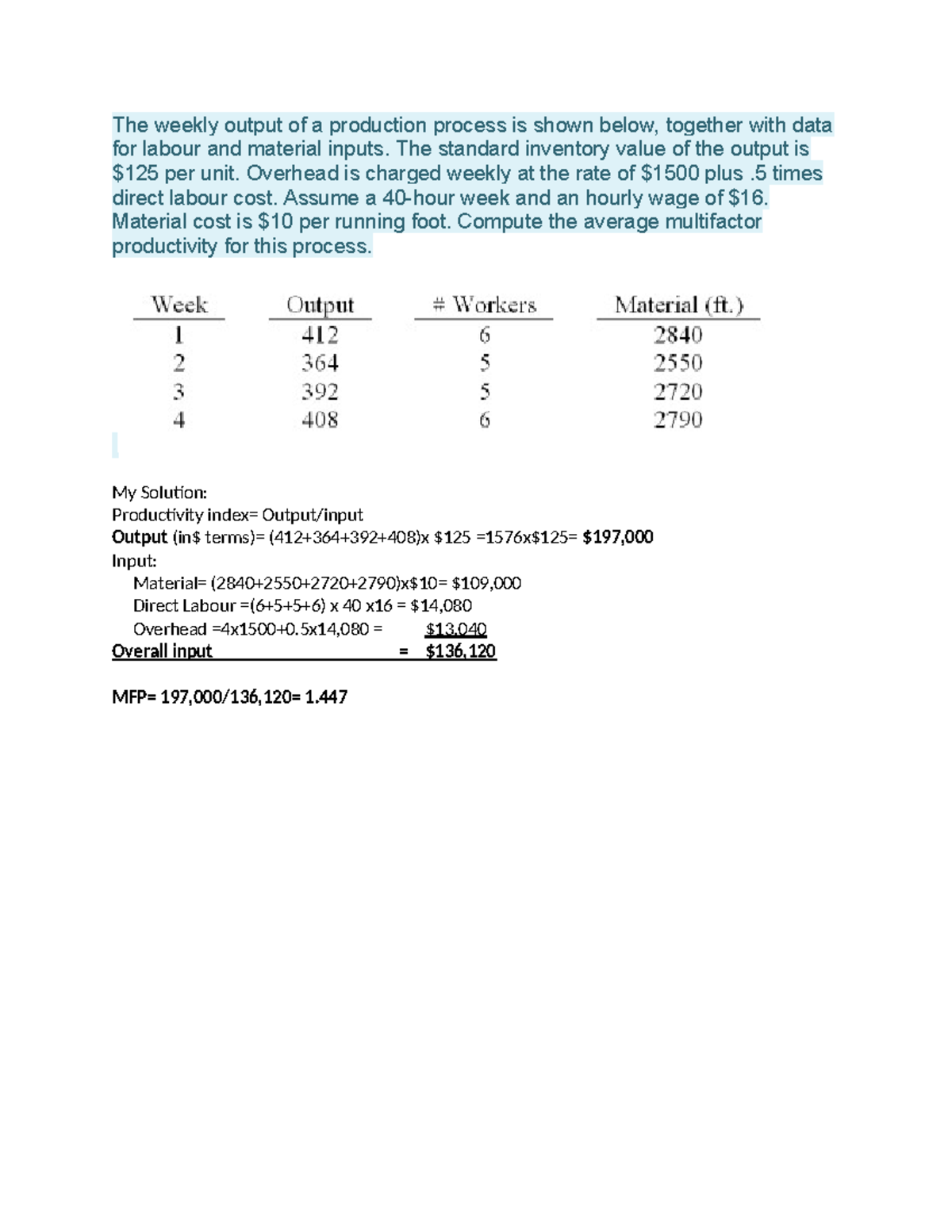 Solved Productivity Problems: Weekly Output & Multifactor Productivity ...